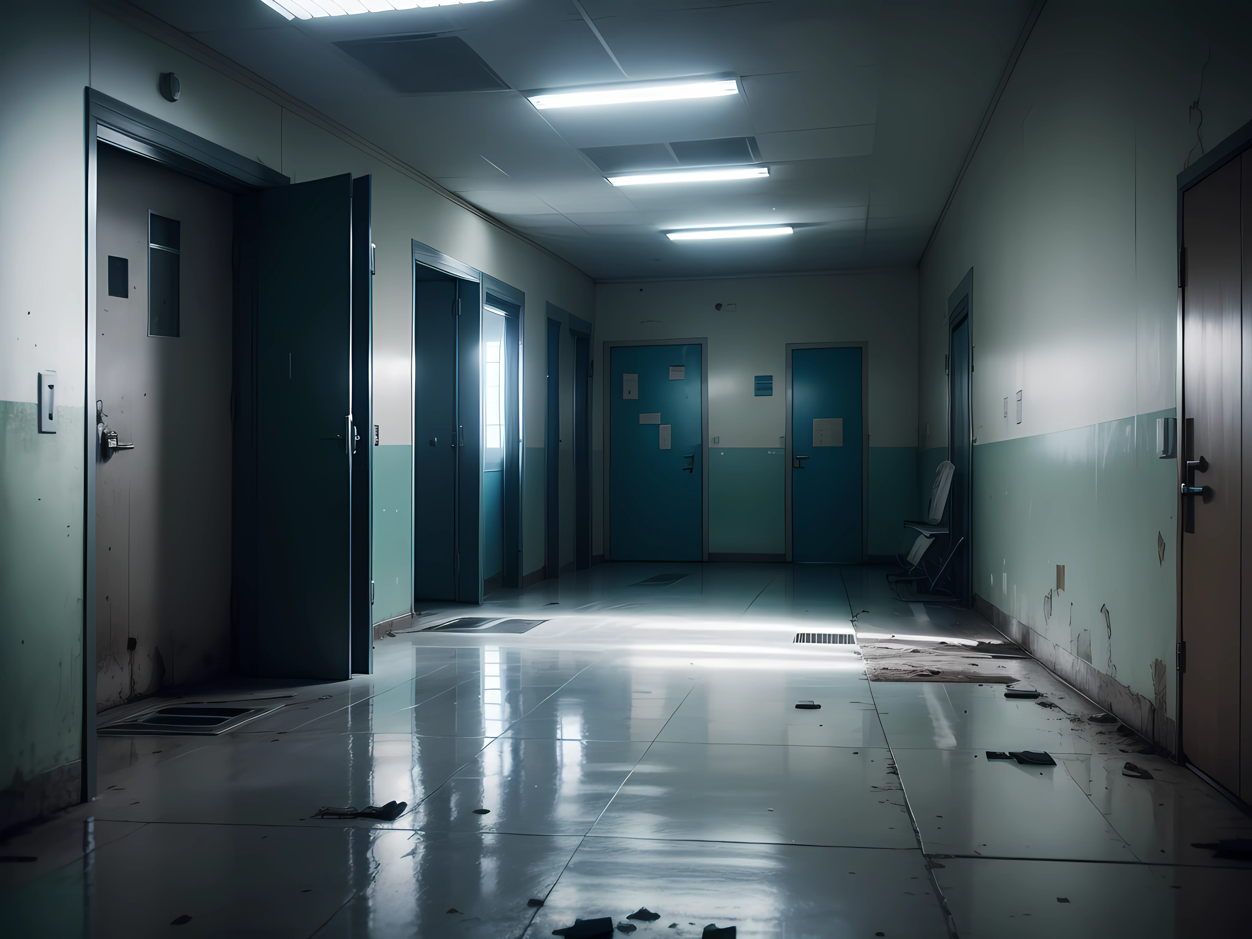 Escenas de personas abandonadas en un hospital psiquiatrico, dystopian images. Hiperrealista, 8 K, en tonos azules, anaranjados, verdes, violetas.