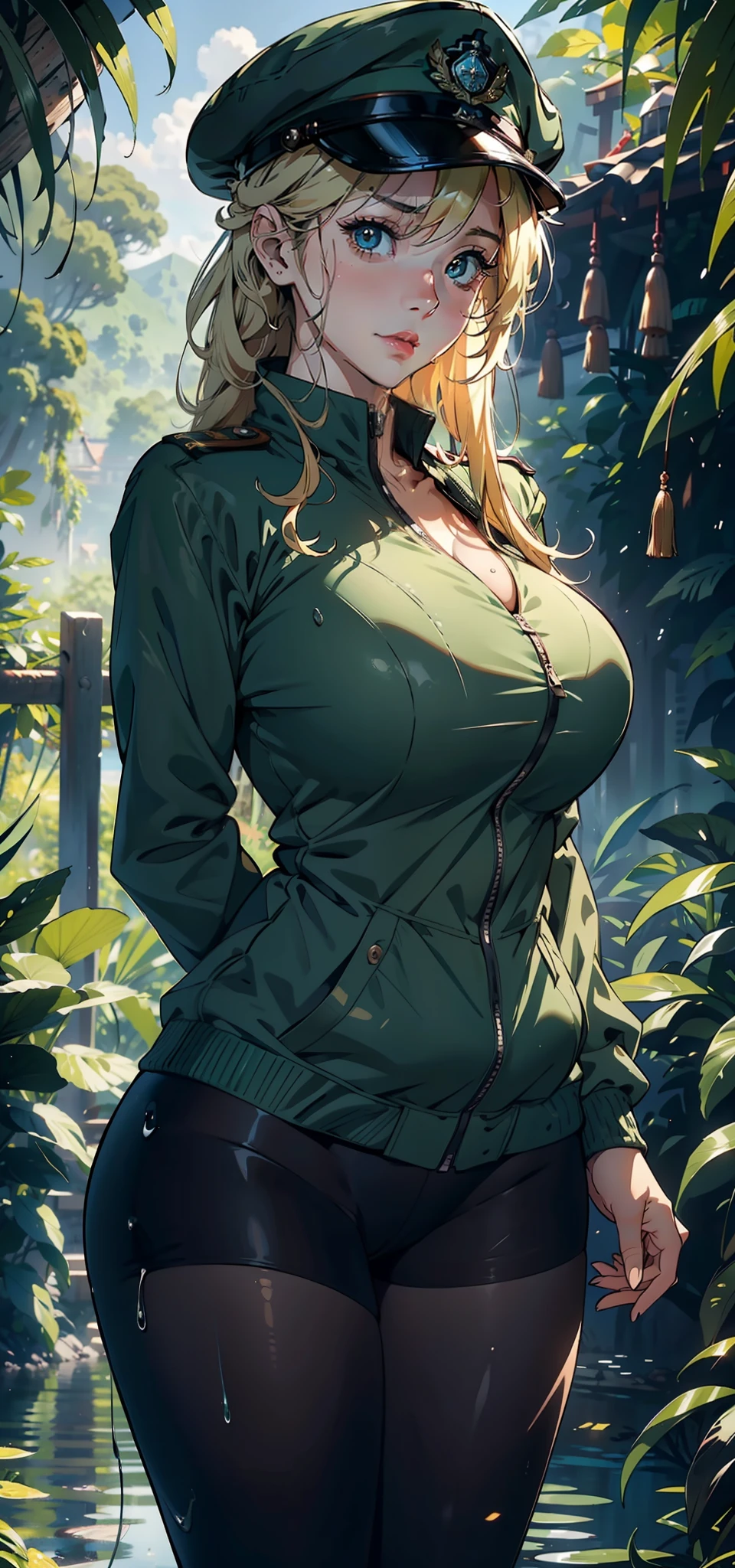 1female,35yo,huge-breasted,long leges,Pornographic exposure, 独奏,(Background with:hilltop,the rainforest,in summer,Standing water on the ground,exteriors) Feel free to hairstyle,Stride,Sweat profusely,drenched all over the body,seen from the front,Long blonde hair , mostly cloudy sky,(((tmasterpiece),(Very detailed CG unity 8K wallpaper),best qualtiy,cinmatic lighting,detailed back ground,beatiful detailed eyes,Bright pupils,(Very fine and beautiful),(Beautiful and detailed eye description),ultra - detailed,tmasterpiece,)),face to the viewer,frontage,A high resolution,ultra - detailed)nakeness,Wipe off panties,revealing breasts,Bare genitalia, Bulge,Camel toes,Raised sexy,Lewd expression,Flushed complexion,Open-mouthed,frontage,military officer,military hat,(Wearing:green colored bomber jacket,Black pantyhose)The whole body is like 1.4