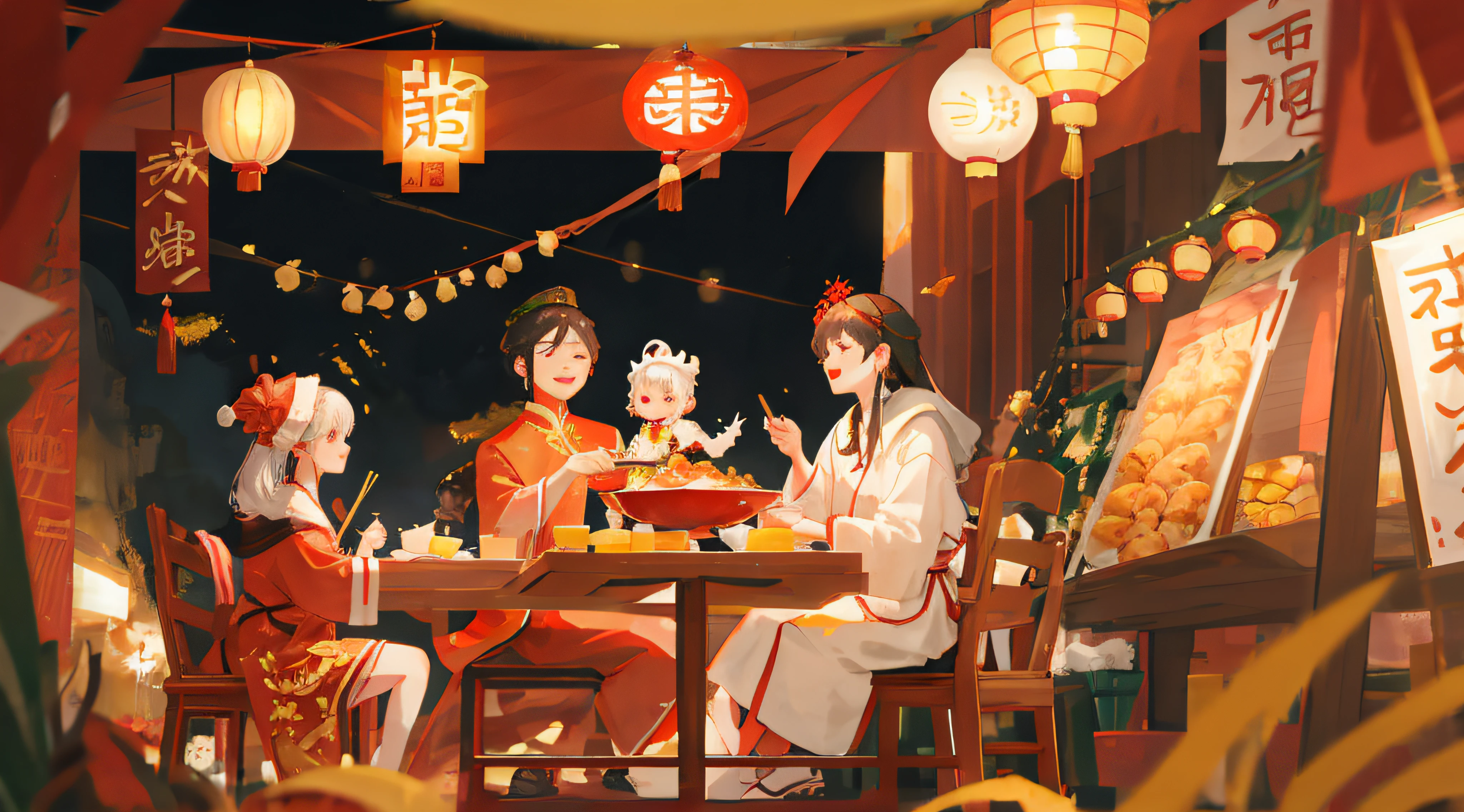 The Lunar New Year's Eve meal is a very important traditional cultural practice in Chinese。The picture needs to highlight Chinese elements,Such as red、Fu Zi、New Year paintings, etc。At the scene of the Lunar New Year's Eve dinner,It can be depicted as the whole family sitting around,Feel the festive spirit and family reunion。Details aspect,Dumplings can be depicted、The fish、Chinese favorite traditional foods such as rice cakes。Dark tones can be used for hues,Such as yellow、Bright colors,Such as red。Through detailed representation and highly enhanced thematic elements,It presents a festive atmosphere、Features of the festival,Such as happiness and peace。