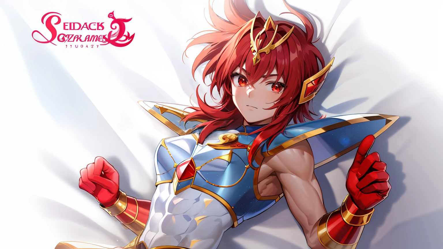 Close-up of a man in costume holding a sword, Boy with short red hair, Boy with brown eyes, Muscular men, Knight of Zodiac Boy, Portrait Knight of Zodiac Boy, Ruby armor, Dress Armor Boy, Galactic Prince, Anime style, Hymns to the King as a Prince, Magical Boy Anime Mahou Shōnen, anime in fantasy style