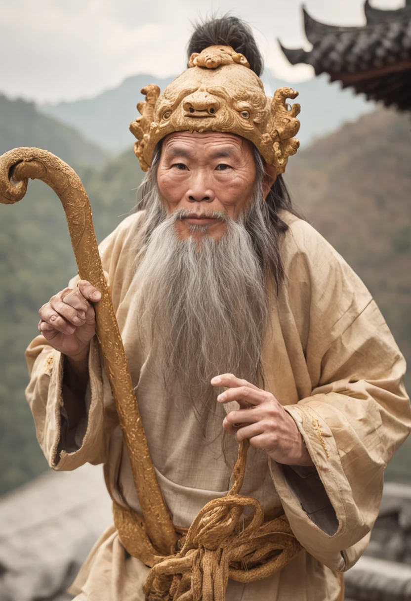 In ancient China, he had the appearance of a huge monkey called Qi Tian Daisheng and wore a hermit-like costume.々Holding a long golden club with a funny expression、A golden ring is worn on the forehead、Riding the clouds、Running in the sky、Masterpiece、Photorealsitic、highcontrast