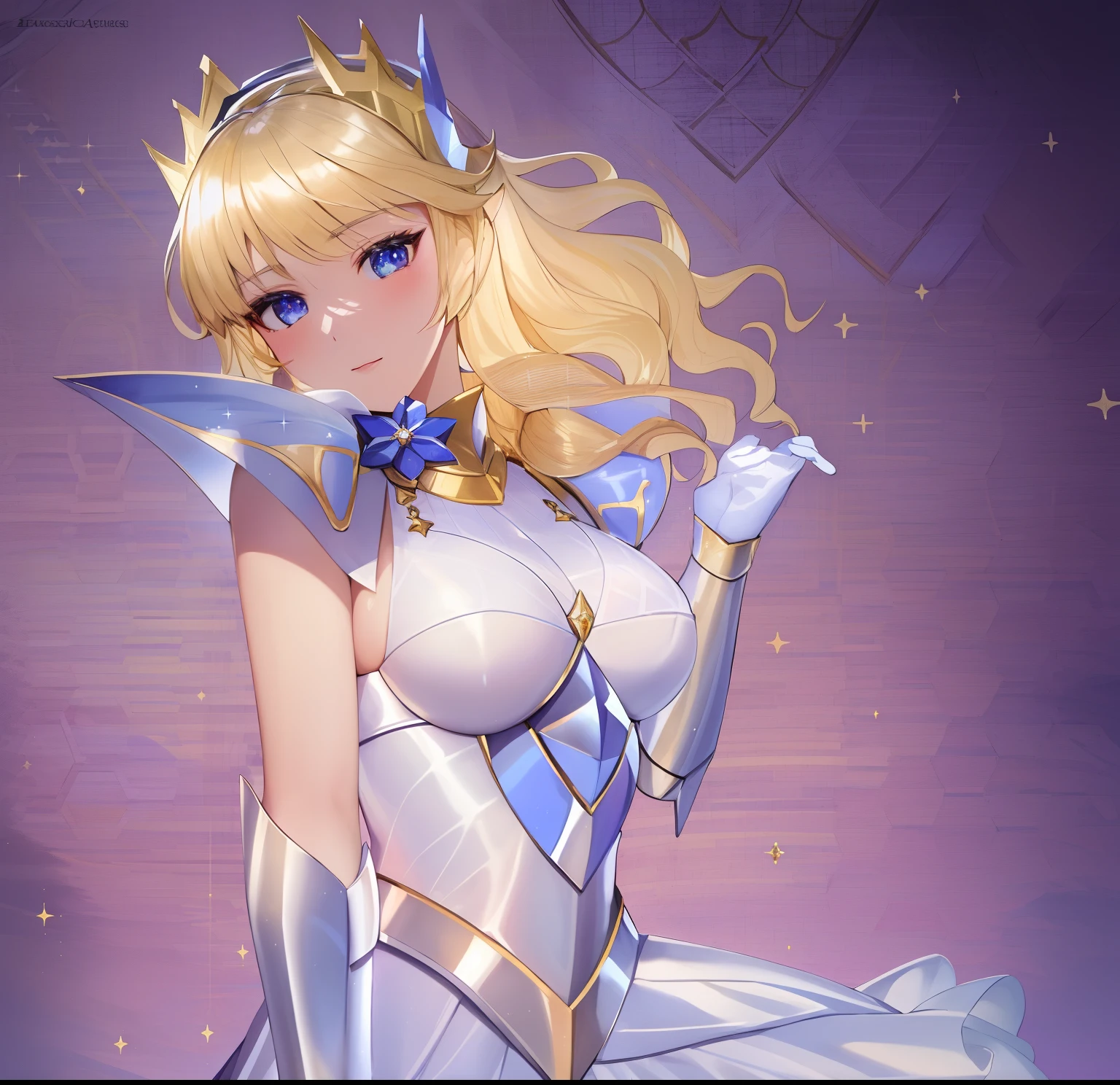 Anime girl in white dress with sword and crown, knights of zodiac girl, portrait knights of zodiac girl, In sapphire armor, highly detailed exquisite fanart, blonde - haired princess, sparkling magical girl, seductive princess knight, a blonde girl, ((a beautiful fantasy empress)), oppai, huge tit, with large breasts, royal elegant pose, Princess Knight, Dress Armor Girl