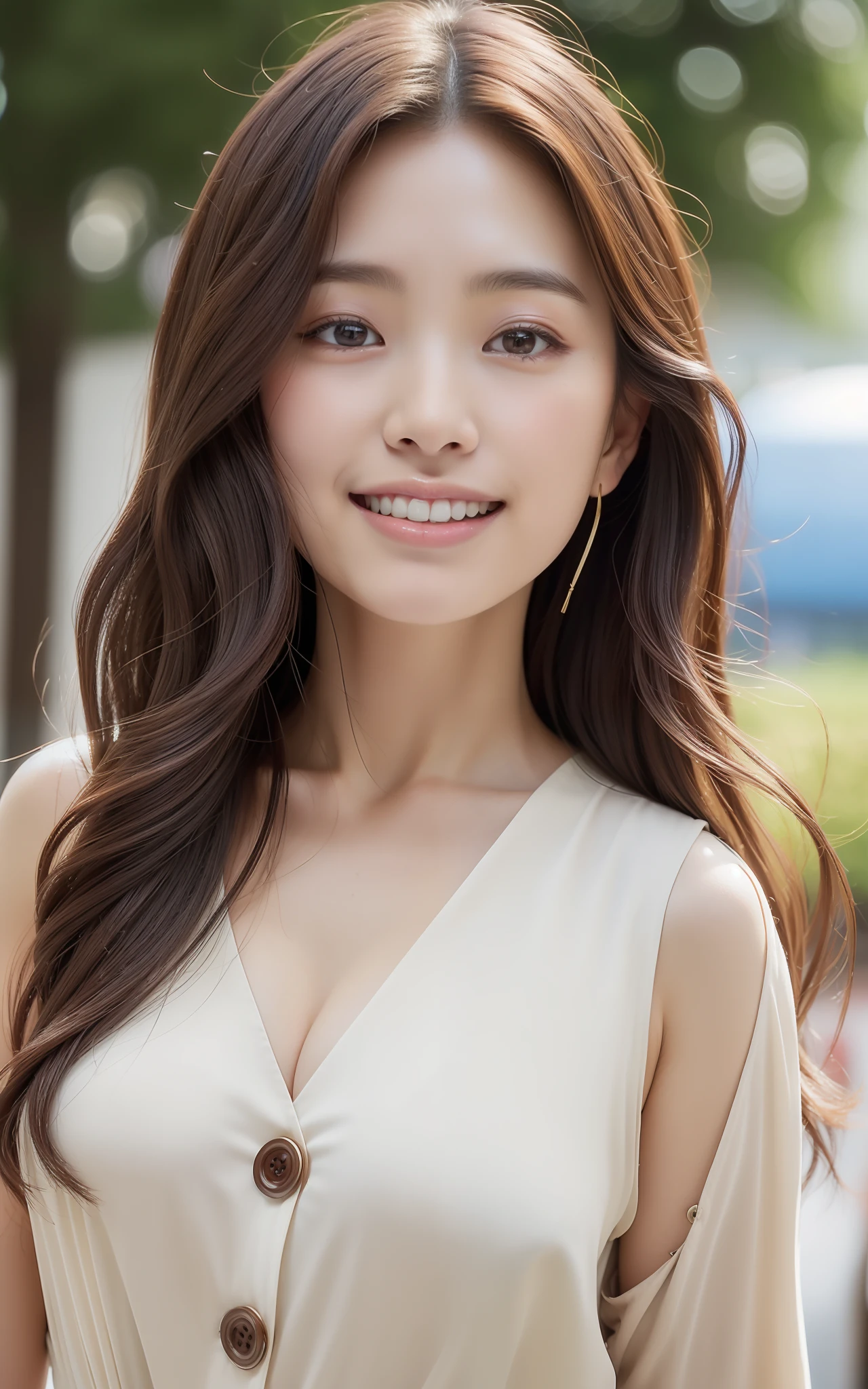 ((top-quality、in 8K、masterpiece:1.3、超A high resolution))、(Clear focus:1.4)、BREAK、A Japanese Lady、cute little、1 persons、full body Esbian、light skinned、((dark brown hair))、Long naturally wavy hair、Break HA、(Detailed fabrics、Detailed fabrics、Casual button-down shirt:1.5、JINS)、Break HA、Leather Tote Bag、Heel Shoes、Break HA、Super fine face、A detailed eye、Narrow-eyed、Moisturized eyes、二重まぶた、Break HA、Reddish cheeks、Detailed skin、Sweating、Lustrous skin、glowy skin、Shine skin、Shaded skin、glowy skin、Wearing makeup、Break HA、Detailed lips、ruddy lips、Laughing、Break HA、(Colossal tits:1.1)、Beautiful leg line、looking in camera、BREAK、(细致背景:1.1、festival:1.8)、Natural lighting