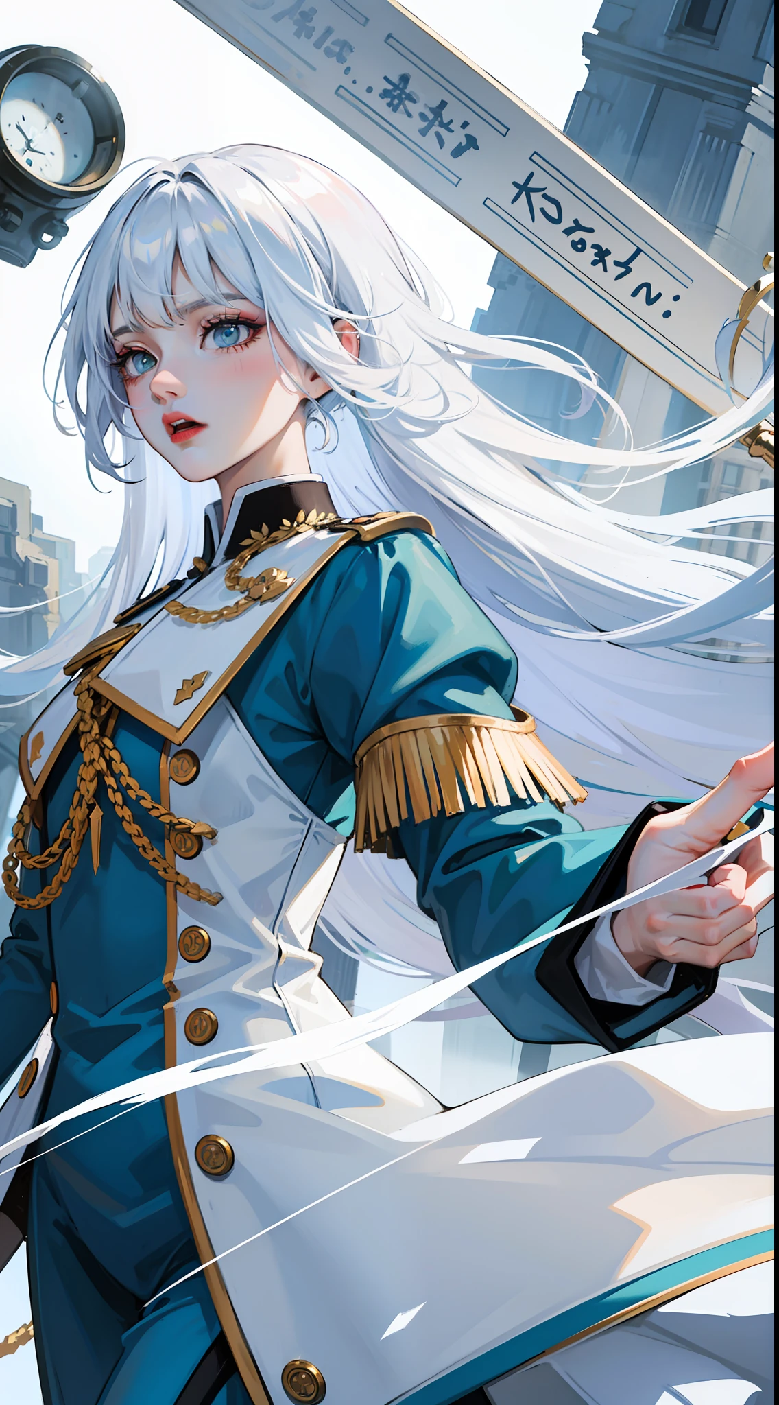 Adult woman, Long white hair, Cyan eyes, White general's uniform, spear, blue lipstick, anger, Masterpiece, hiquality