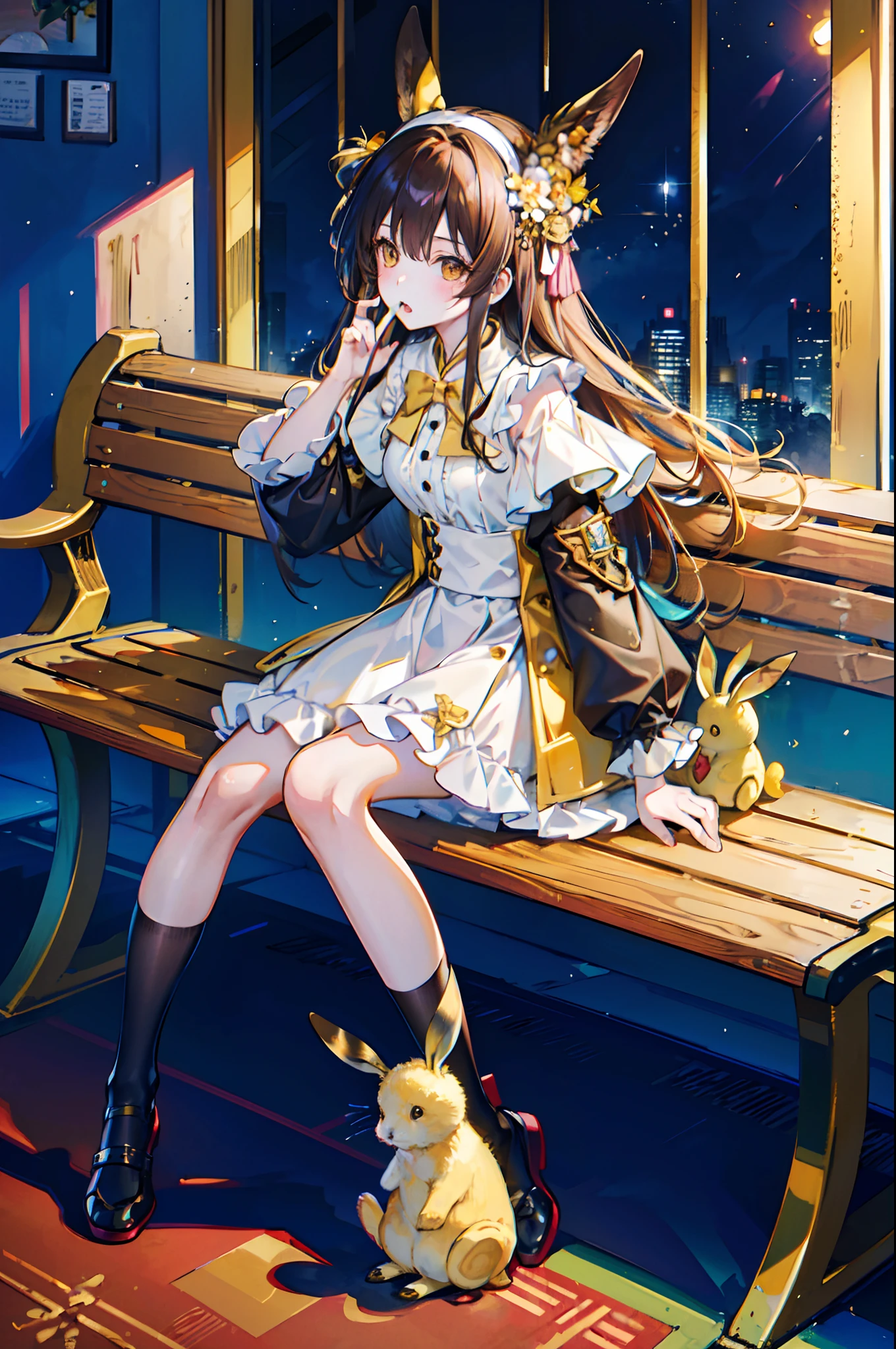 High quality, High resolution, Extreme Detail, masutepiece, One  girl, kidffed yellow rabbit stuffed, Brown eyes, Hair Ornament, Long hair, Long sleeves, Sitting on a wooden bench, Full body, Yaoyao, Yaoyao \(GenshinImpact\),