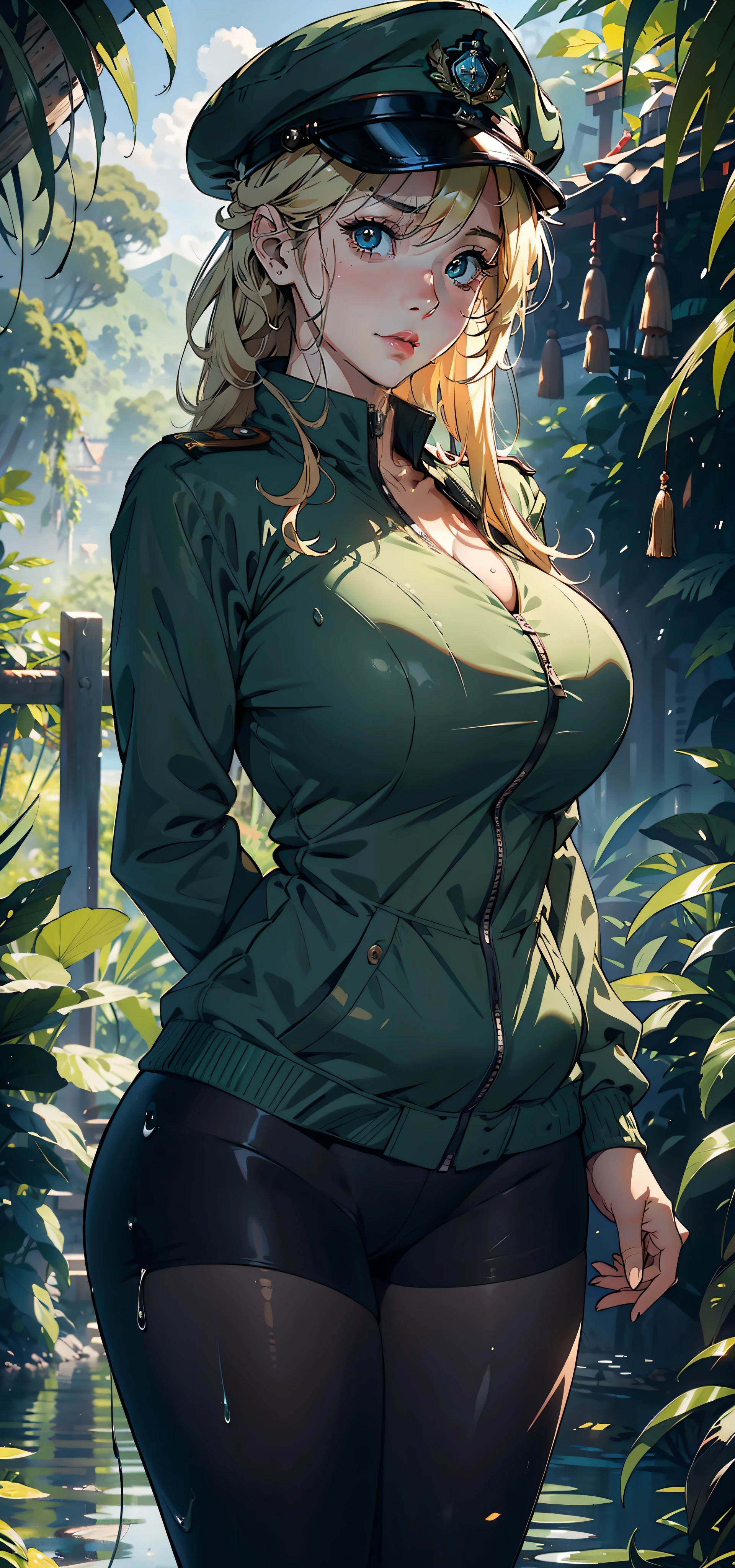 1female，35yo，huge-breasted，long leges，Pornographic exposure， 独奏，（Background with：hilltop，the rainforest，in summer，Standing water on the ground，exteriors） Feel free to hairstyle，Stride，Sweat profusely，drenched all over the body，seen from the front，Long blonde hair ， mostly cloudy sky，（（（tmasterpiece），（Very detailed CG unity 8K wallpaper），best qualtiy，cinmatic lighting，detailed back ground，beatiful detailed eyes，Bright pupils，（Very fine and beautiful），（Beautiful and detailed eye description），ultra - detailed，tmasterpiece，）），face to the viewer，frontage，A high resolution，ultra - detailed）nakeness，Wipe off panties，revealing breasts，Bare genitalia， Bulge，Camel toes，Raised sexy，Lewd expression，Flushed complexion，Open-mouthed，frontage，military officer，military hat，（Wearing：green colored bomber jacket，Black pantyhose）The whole body is like 1.4