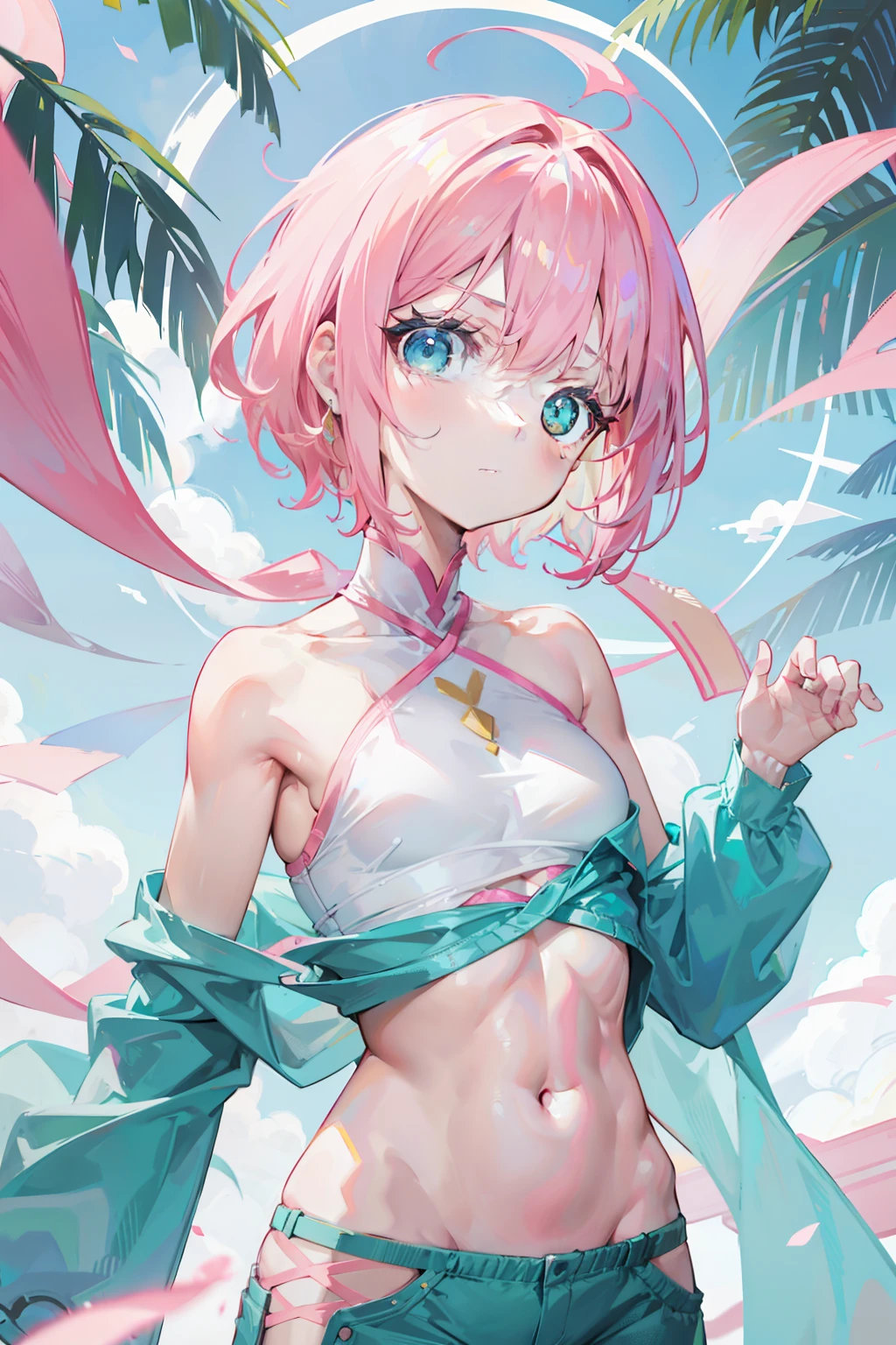Short pink hair,No bangs,Bigchest,Turquoise yellow skinny children's clothing,Tall, Muscular man woman,There are no exposed parts of the body, face,It still looks milky white,A ferocious one, Lovely and gentle feeling