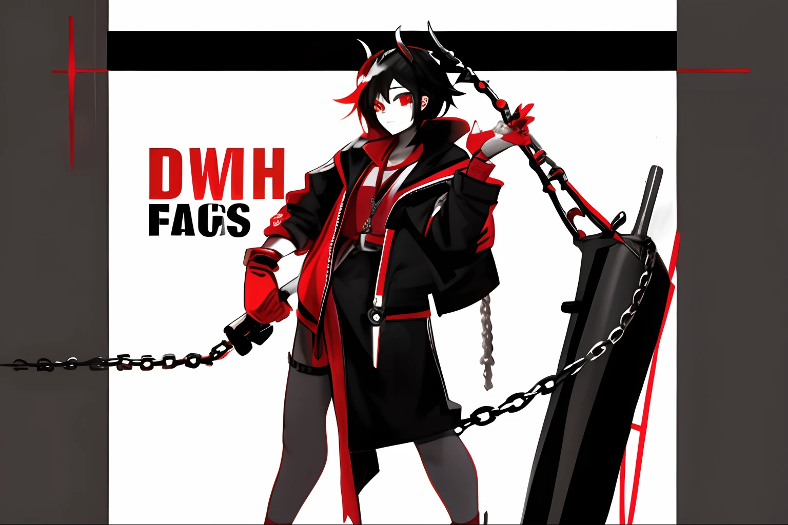 A female demon，Rope and chain in hand, white backgrounid，Red all over，Black-white-red design, August limbs, offcial art, concept-art, plan，size，Character setting drawings，infography，Patent diagram，Fine style