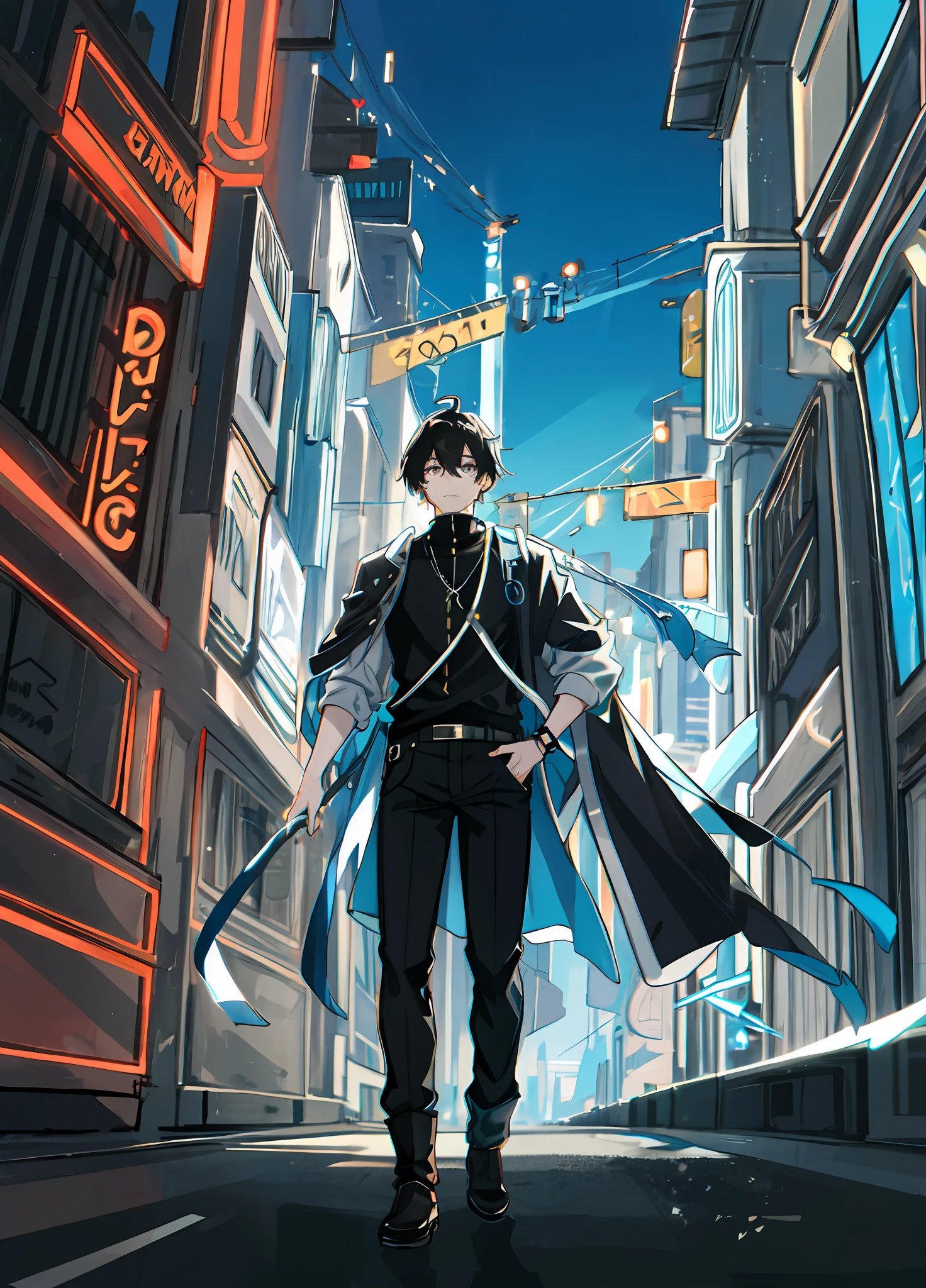 On the vibrant skyline of a modern fantasy city, An 18-year-old boy stands out with black hair that contrasts with his white skin, and silver eyes that seem to reflect the neon lights that illuminate the city. Viste un elegante traje negro adornado con sutiles detalles dorados que brillan bajo las luces de la ciudad. El manto largo que lleva agrega un toque distintivo a su figura, mientras se mueve entre rascacielos y pantallas de hologramas. en el fondo, The city comes alive with rivers of light and futuristic buildings that defy the imagination. Este es tu protagonista, A contemporary enigma in an urban world full of wonders and dreamy technology.