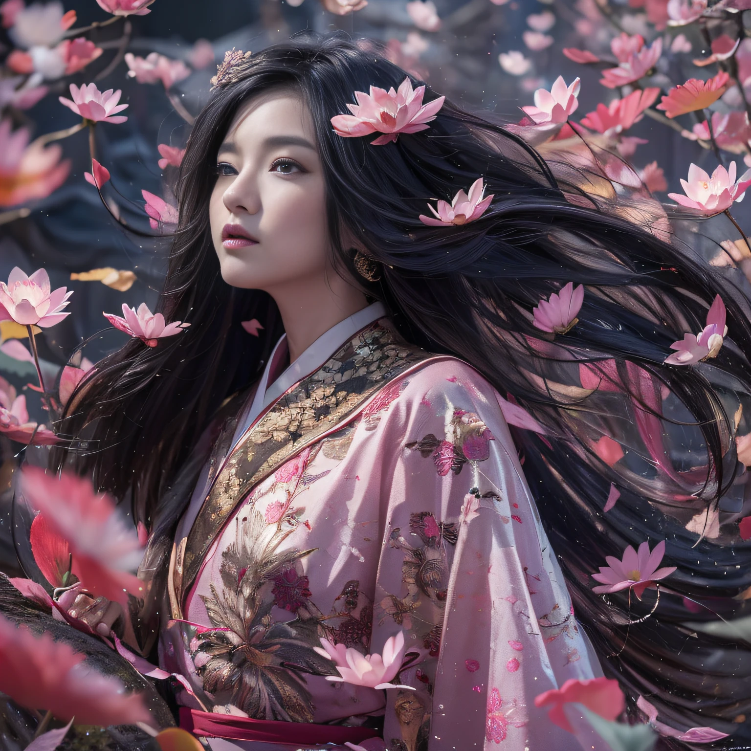 32K（tmasterpiece，k hd，hyper HD，32K）Long flowing black hair，ponds，zydink， a color，  Asian people （Silly girl）， （Silk scarf）， Combat posture， looking at the ground， long whitr hair， Floating hair， Carp pattern headdress， Chinese long-sleeved clothing， （abstract ink splash：1.2）， Pink petal background，Pink and white lotus flowers fly（realisticlying：1.4），Black color hair，Fallen leaves flutter，The background is pure， A high resolution， the detail， RAW photogr， Sharp Re， Nikon D850 Film Stock Photo by Jefferies Lee 4 Kodak Portra 400 Camera F1.6 shots, Rich colors, ultra-realistic vivid textures, Dramatic lighting, Unreal Engine Art Station Trend, cinestir 800，Long flowing black hair