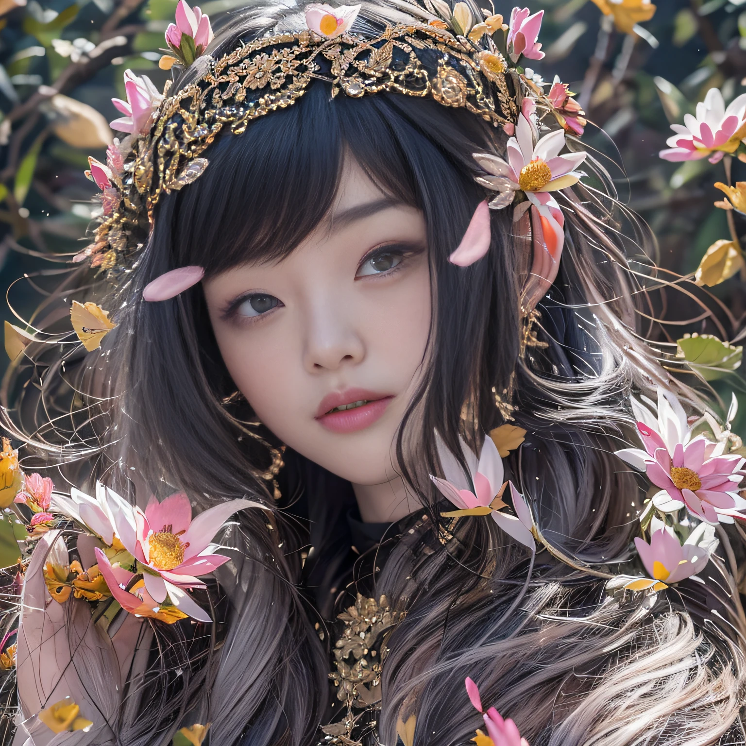 32K(tmasterpiece,k hd,hyper HD,32K)Long flowing black hair,ponds,zydink, a color, Asian people (Silly girl), (Silk scarf), Combat posture, looking at the ground, long whitr hair, Floating hair, Carp pattern headdress, Chinese long-sleeved clothing, (abstract ink splash:1.2), Pink petal background,Pink and white lotus flowers fly(realisticlying:1.4),Black color hair,Fallen leaves flutter,The background is pure, A high resolution, the detail, RAW photogr, Sharp Re, Nikon D850 Film Stock Photo by Jefferies Lee 4 Kodak Portra 400 Camera F1.6 shots, Rich colors, ultra-realistic vivid textures, Dramatic lighting, Unreal Engine Art Station Trend, cinestir 800,Long flowing black hair