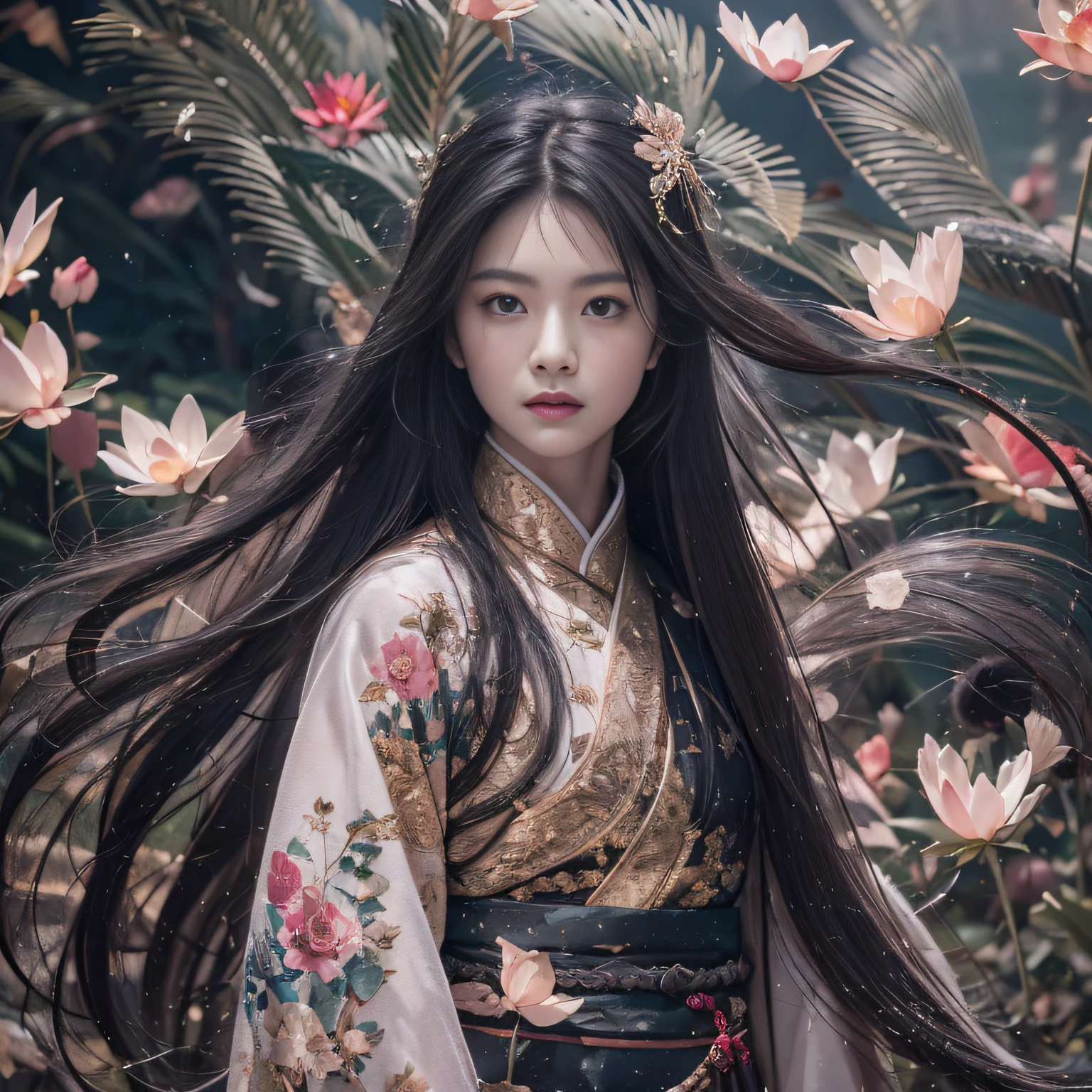 32K（tmasterpiece，k hd，hyper HD，32K）Long flowing black hair，ponds，zydink， a color，  Asian people （Silly girl）， （Silk scarf）， Combat posture， looking at the ground， long whitr hair， Floating hair， Carp pattern headdress， Chinese long-sleeved clothing， （abstract ink splash：1.2）， Pink petal background，Pink and white lotus flowers fly（realisticlying：1.4），Black color hair，Fallen leaves flutter，The background is pure， A high resolution， the detail， RAW photogr， Sharp Re， Nikon D850 Film Stock Photo by Jefferies Lee 4 Kodak Portra 400 Camera F1.6 shots, Rich colors, ultra-realistic vivid textures, Dramatic lighting, Unreal Engine Art Station Trend, cinestir 800，Long flowing black hair