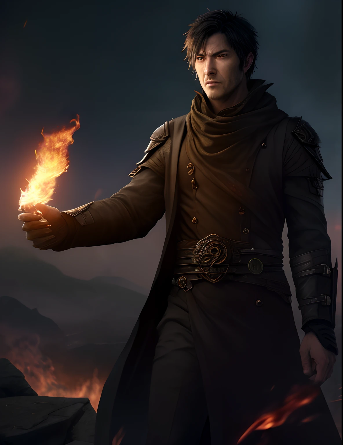 Illustration in the style of a person, holding a fireball in his hand against the background of an ancient temple, Casting a fire spell, looking a viewer, black - haired mage, age 30 years, blurry foreground, The cover of the epic light novel, holy fire spell art, Fire spell, The fire behind him, evil male sorcerer (windswept dust, detritus: 1.1), volumetric fog, mist, ray traced, z, Transmission of bright light from below, (tmasterpiece) (beste-Qualit) (Detailed) (8K) (电影灯光) (sharp-focus) (an intricate)