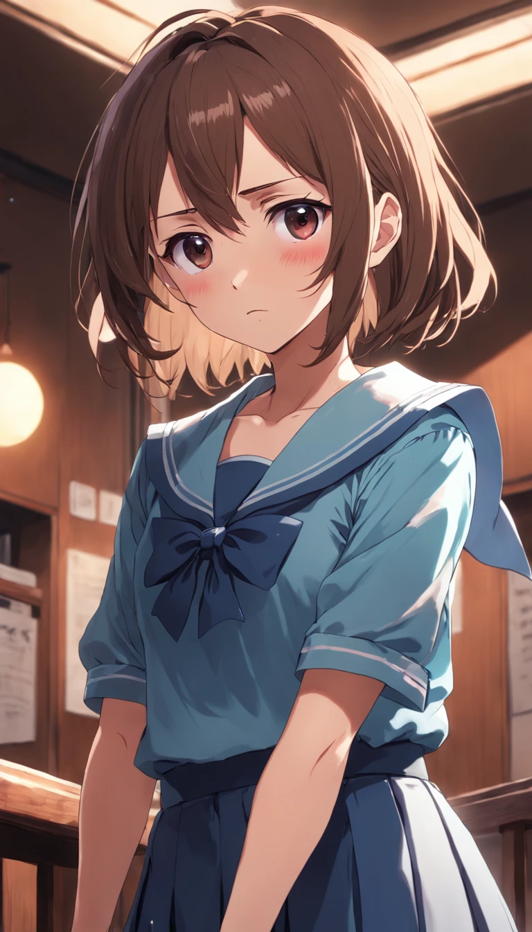 1girl,solo,anime,animation,kyouto animation style,(suzumiya_haruhi),,brown eyes, medium hair, serafuku, blue sailor collar, blue skirt,standing,(crossed arms),(Literature Club room),anguish,troubled eyebrows,looking away,masterpiece,best quality,ultra-detailed,highres,high-resolution,extremely detailed CG,4K,8K,super fine illustration,super detailed skin,highly detailed,highly detailed background,hires,perfect anatomy,beautiful detailed eyes,perfectly crafted,cinematic lighting,dynamic lighting,anime,animation