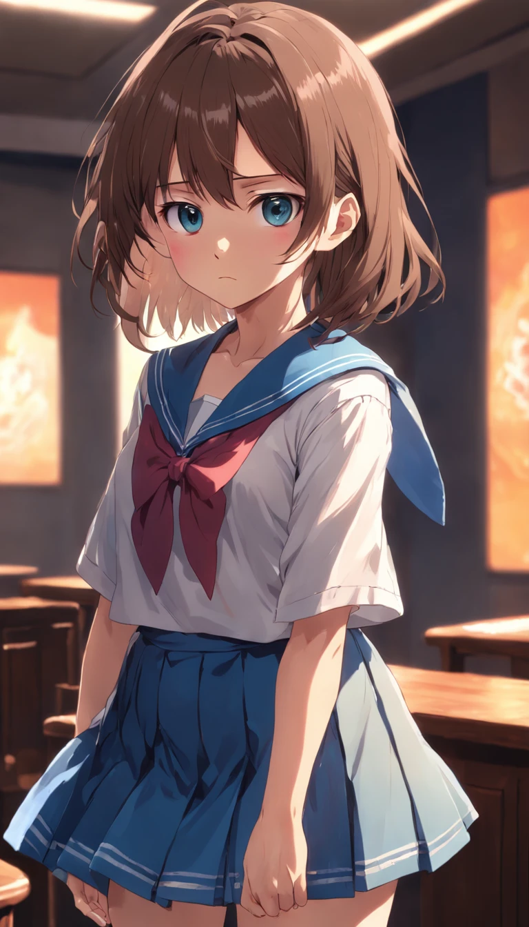 1girl,solo,anime,animation,kyouto animation style,(suzumiya_haruhi),16 years old,brown eyes, medium hair, serafuku, blue sailor collar, blue skirt,standing,(crossed arms),(Literature Club　room),anguish,troubled eyebrows,looking away,masterpiece,best quality,ultra-detailed,highres,high-resolution,extremely detailed CG,4K,8K,super fine illustration,super detailed skin,highly detailed,highly detailed background,hires,perfect anatomy,beautiful detailed eyes,perfectly crafted,cinematic lighting,dynamic lighting,anime,animation