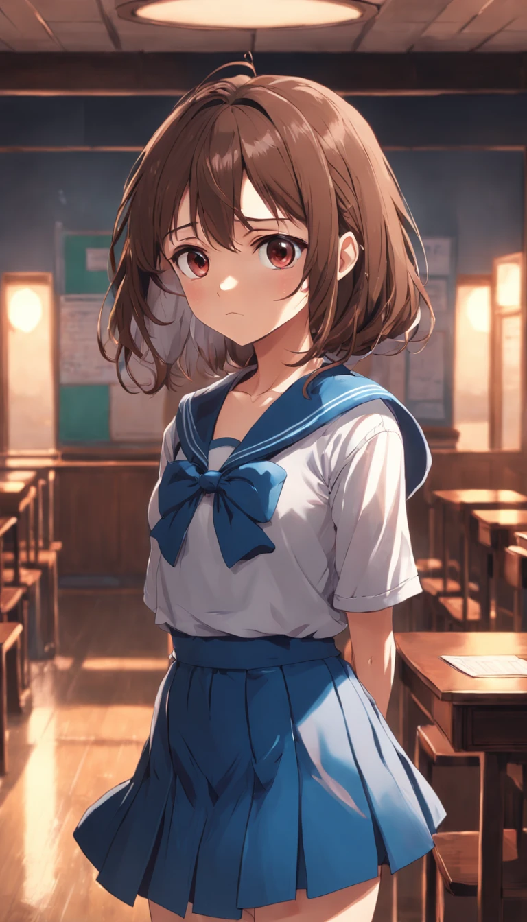 1girl,solo,anime,animation,kyouto animation style,(suzumiya_haruhi),,brown eyes, medium hair, serafuku, blue sailor collar, blue skirt,standing,(crossed arms),(Literature Club　room),anguish,troubled eyebrows,looking away,masterpiece,best quality,ultra-detailed,highres,high-resolution,extremely detailed CG,4K,8K,super fine illustration,super detailed skin,highly detailed,highly detailed background,hires,perfect anatomy,beautiful detailed eyes,perfectly crafted,cinematic lighting,dynamic lighting,anime,animation