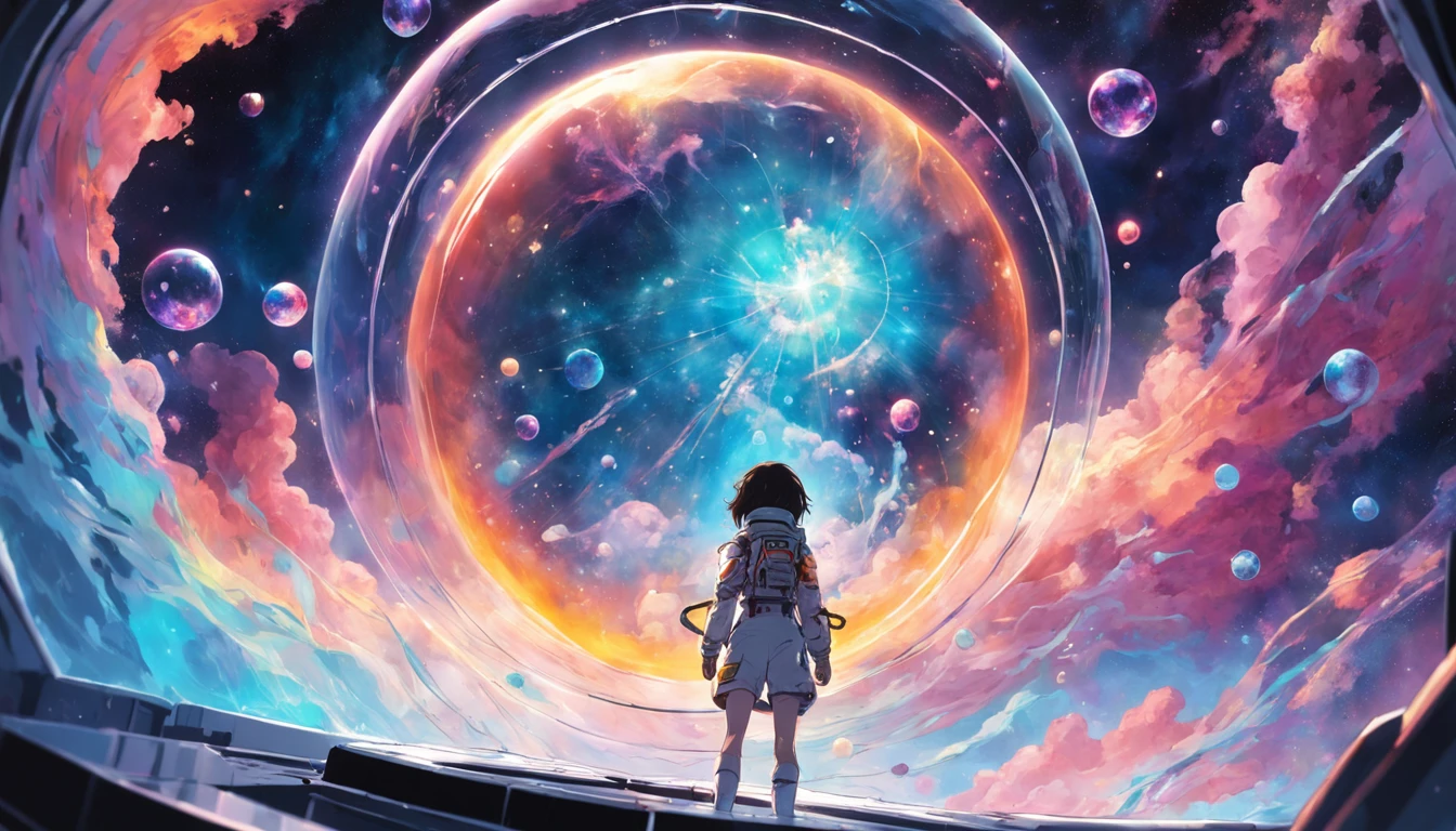 A lone astronaut floats in a suspended animation chamber within a translucent bubble amidst a radiant nebula. The nebula's swirling colors seem to serenade the astronaut's dreams, creating a surreal and tranquil scene in the heart of the cosmos