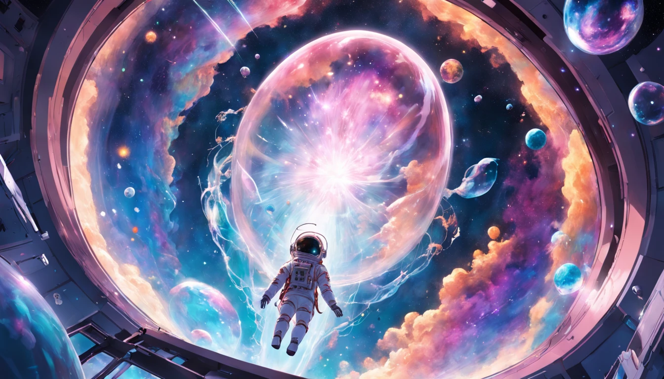 A lone astronaut floats in a suspended animation chamber within a translucent bubble amidst a radiant nebula. The nebula's swirling colors seem to serenade the astronaut's dreams, creating a surreal and tranquil scene in the heart of the cosmos