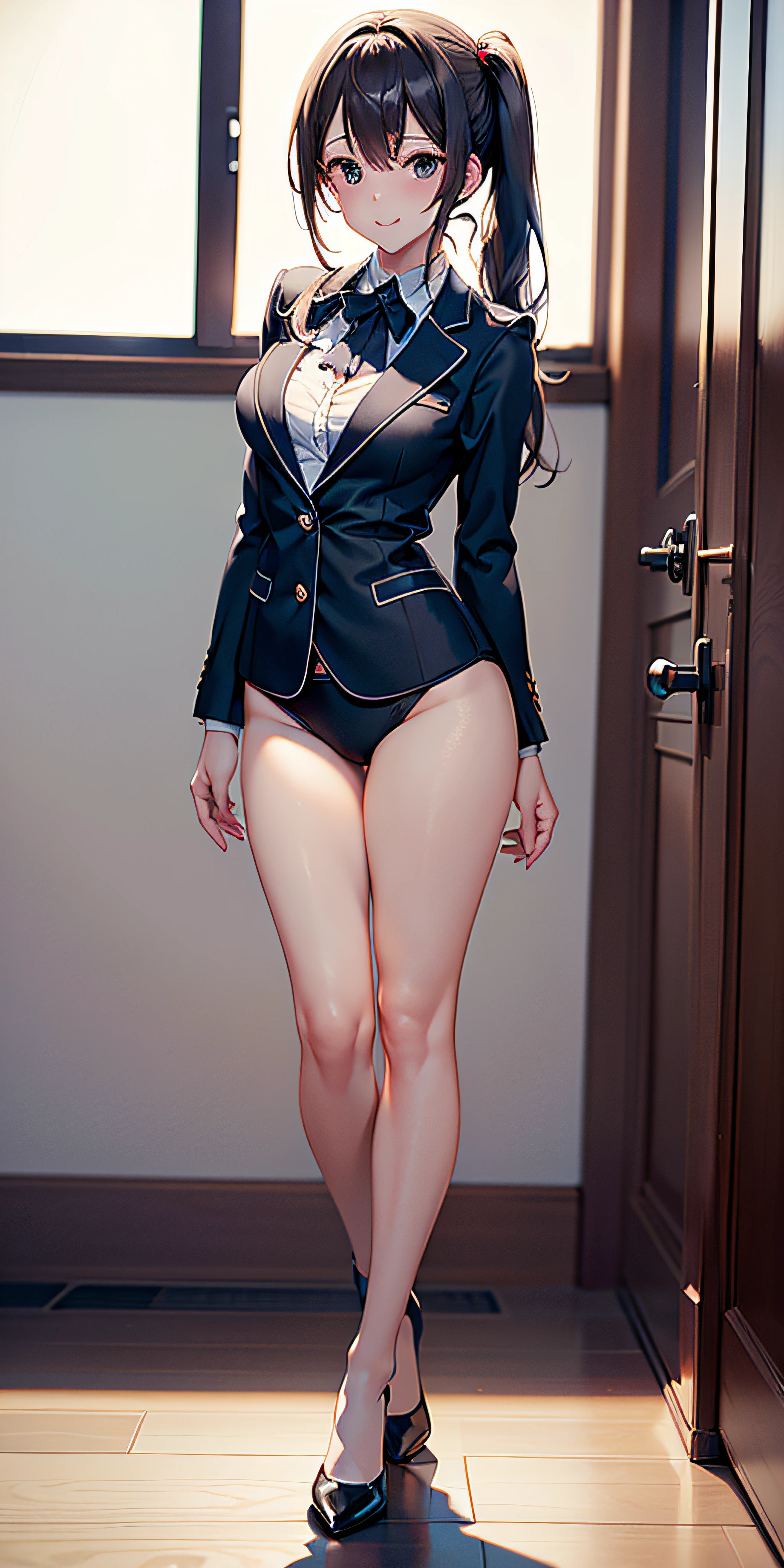 Vista plano de cuerpo entero, anime, estilo anime de mujer realista, (Blue-eyed Hungarian), 18 years old girl, ((blazer gris, cinta, minifalda plegada color azul obscuro, calcetines)), aula de Universitaria, hermoso detalle en los ojos, (eye size: 3/4) luz en la cara, (((detalles intrincados))), ((foto de cuerpo completo: 1.2)), luz especialmente fuerte, (ojos superiores, sonrisa sonriente: 1.2), piel brillante, (((color de cabello aleatorio))), (muslos gruesos), ulzzang-6500-v1.1: 0.2, bashful, (Flash: 1.2), NSFW , (hinchado), ((postura seductora: 1.2, atractivo: 1.2)), (inactivo), sentada en un escritorio: 1.2, ((good anatomy: 1.2)), aula brillante y refrescante, Cute and symmetrical face, Natural side lighting, 8k, Fotos RAW, calidad superior, obras maestras, High Definition RAW color photos professional close-up photos, (realista, fotorrealismo: 1.37), (highest qualityr), (alto contraste luz sombras), (mejores ilustraciones), (erotic, sexy, ultra-high-resolution, 8K HD Unified CG Wallpapers, Physical representation, movie lighting), Canon EOS R50 camera with 50mm lens