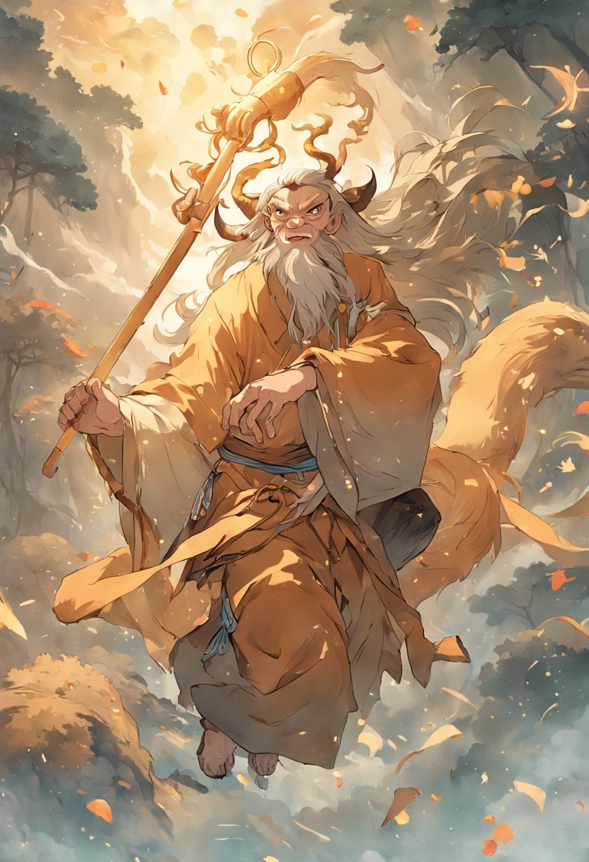 In ancient China, he had the appearance of a huge monkey called Qi Tian Daisheng and wore a hermit-like costume.々Holding a long golden club with a funny expression、A golden ring is worn on the forehead、Riding the clouds、Running in the sky、Masterpiece、Photorealsitic、highcontrast