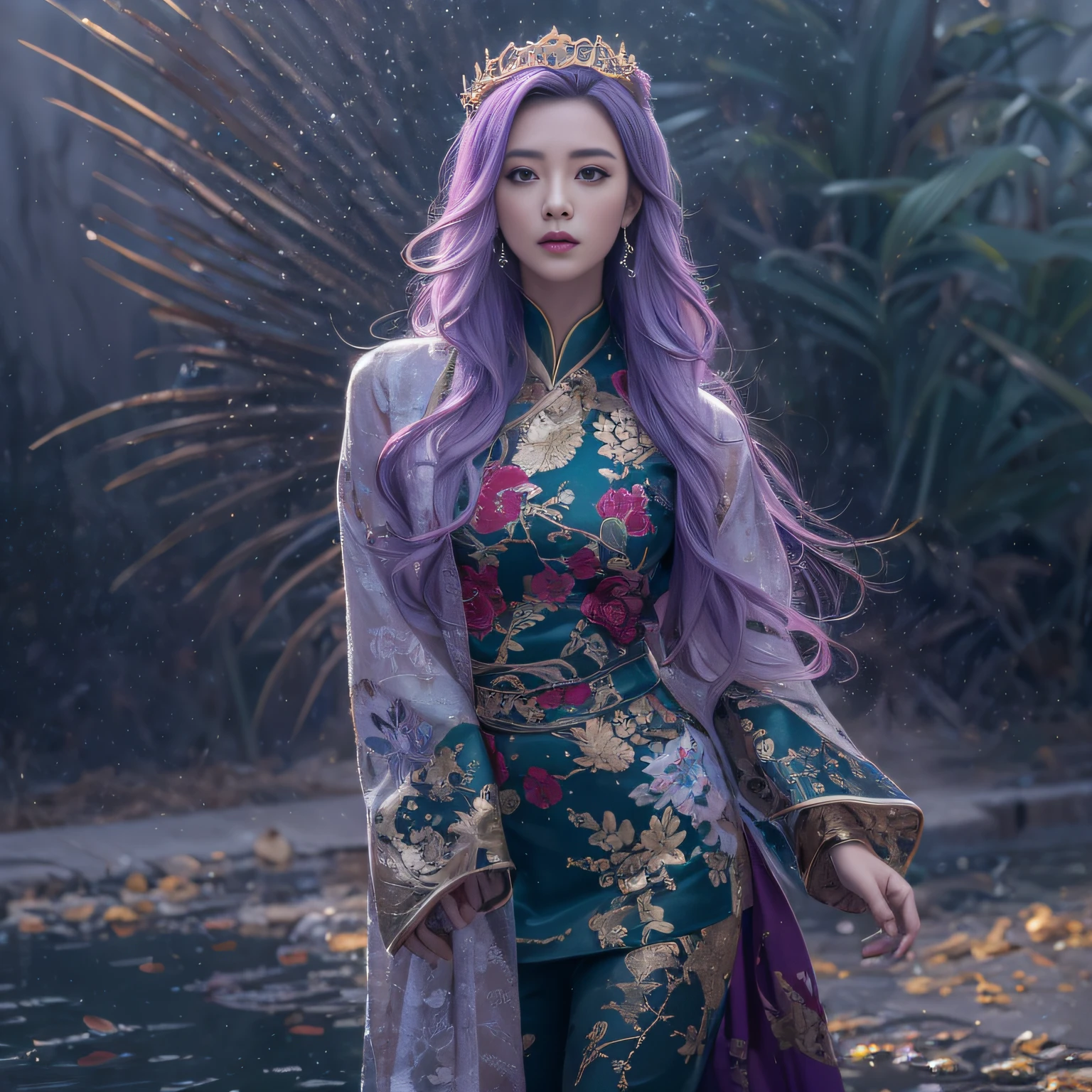 32K（tmasterpiece，k hd，hyper HD，32K）Long flowing bright purple hair，Autumn Pond，zydink， a color，  Asian people （Silly girl）， （Silk scarf）， Combat posture， looking at the ground， long whitr hair， Floating bright purple， Fire cloud pattern gold tiara， Chinese long-sleeved gold silk garment， （abstract ink splash：1.2）， white backgrounid，Lotus protector（realisticlying：1.4），Bright purple hair，Smoke on the road，The background is pure， A high resolution， the detail， RAW photogr， Sharp Re， Nikon D850 Film Stock Photo by Jefferies Lee 4 Kodak Portra 400 Camera F1.6 shots, Rich colors, ultra-realistic vivid textures, Dramatic lighting, Unreal Engine Art Station Trend, cinestir 800，Long flowing bright purple hair