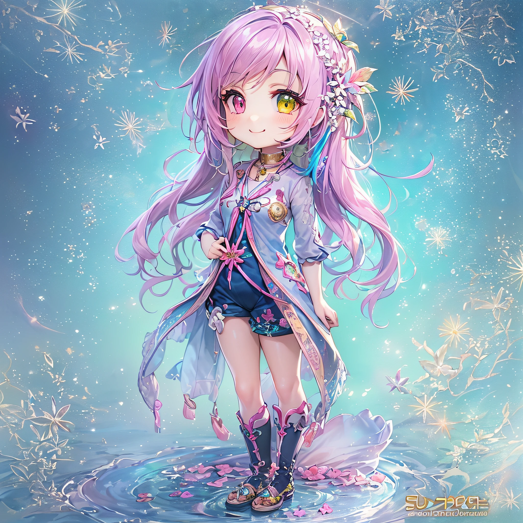 (Chibi:1.5)((masutepiece, of the highest quality, Watercolor art (Pendants), Beautiful and aesthetic: 1.2)), (Golden ratio: 1.2), (Full body: 1.2), (Super Detail: 1.3), (1 girl in: 1.3), (Fractal Art: 1.3), (Glitter Pupil)),(eye glass:1.5) ,(Iridescent hair, Colorful hair, Half light blue and half pink hair: 1.2)),  (Heterochromia), (Colorful: 1.5), (((Shy face)),  (full body Esbian), (Hyper-detailing), ((delicate detail)), (intricate-detail), ((Cinematic Light, Highest quality backlight)), High contrast, ((The best lighting, Very delicate and beautiful)), (( Cinematic Light)), (ray trace reflection, Glow), (((glowing aura)), ((Glowing hair)), ((Super Detail)), (8K)), ((a closeup)),  ((Seductive smile)) ,((FULL BODYSHOT))、(Chibi:1.5)