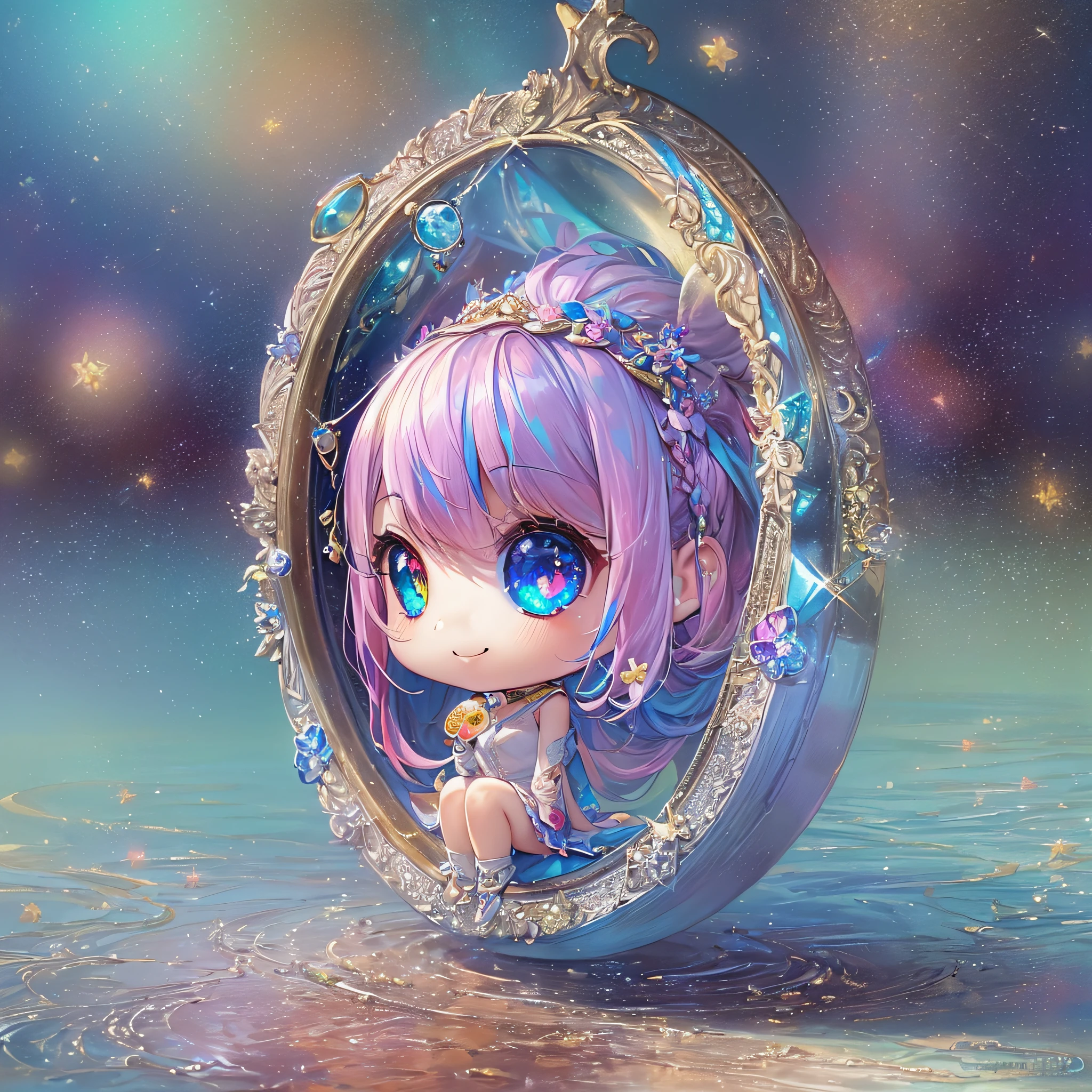 (Chibi:1.5)((masutepiece, of the highest quality, Watercolor art (Pendants), Beautiful and aesthetic: 1.2)), (Golden ratio: 1.2), (Full body: 1.2), (Super Detail: 1.3), (1 girl in: 1.3), (Fractal Art: 1.3), (Glitter Pupil)),(eye glass:1.5) ,(Iridescent hair, Colorful hair, Half light blue and half pink hair: 1.2)), (Heterochromia), (Colorful: 1.5), (((Shy face)), (full body Esbian), (Hyper-detailing), ((delicate detail)), (intricate-detail), ((Cinematic Light, Highest quality backlight)), High contrast, ((The best lighting, Very delicate and beautiful)), (( Cinematic Light)), (ray trace reflection, Glow), (((glowing aura)), ((Glowing hair)), ((Super Detail)), (8K)), ((a closeup)), ((Seductive smile)) ,((FULL BODYSHOT))、(Chibi:1.5)