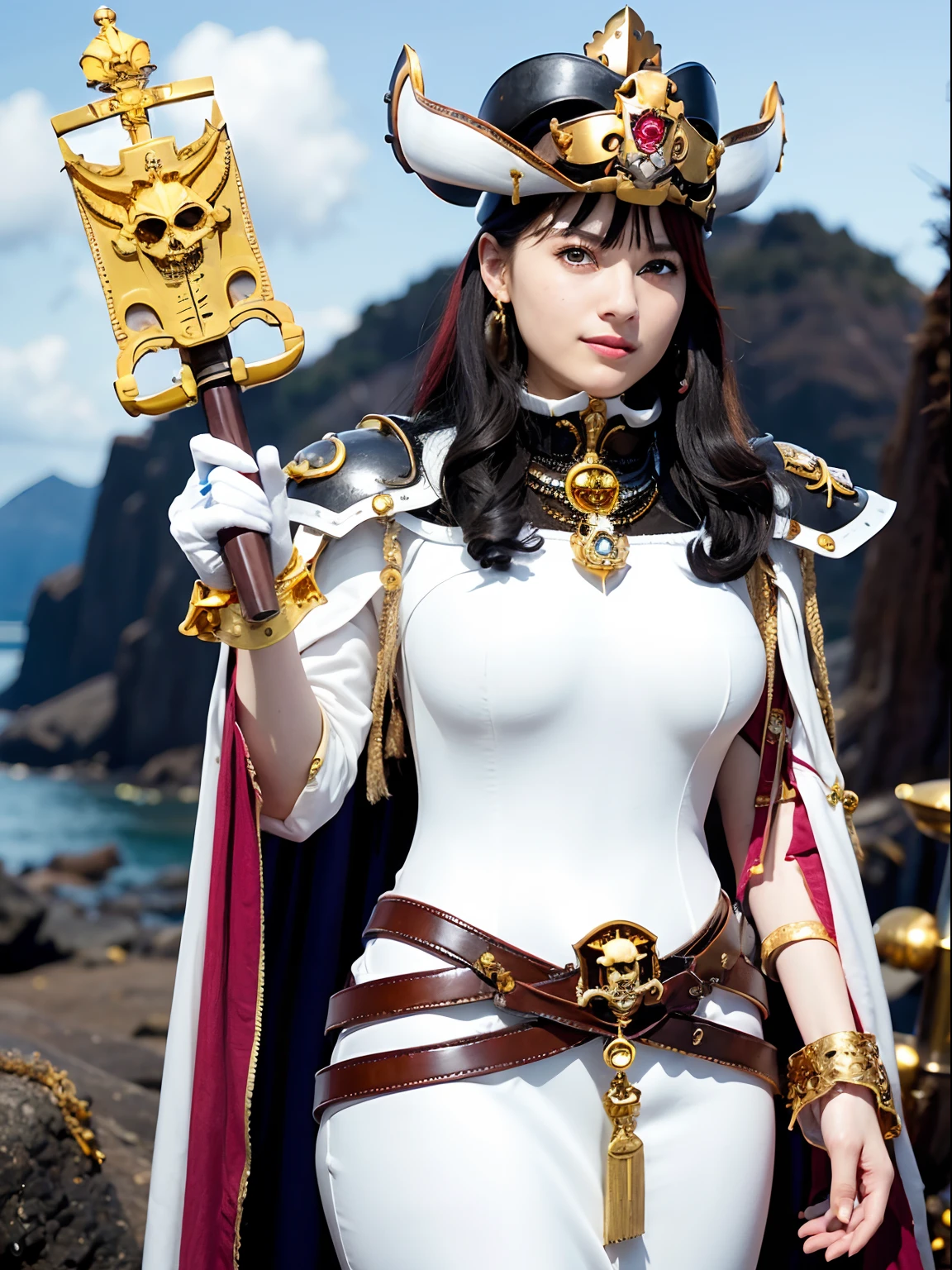 (masutepiece), Professional , masterpiece、top-quality、photos realistic , depth of fields (Gemstone Silver Metal Body:1.9),(Matte White、(maikurobikini)、Jewel Gold Weapon、(Gorgeous castle background)、(Put on a pirate hat)、(Jewel Metal Body:1.4),Gorgeous Jewel Metal Weapons , Detailed Sword of the Brave ,( Soldier background in metal armor) 、 warhammer 40k , adepta sororitas,Detail and ornate jewel crown、独奏、Black hair、(Gangle's forest background)、Beautiful Caucasian beauty、1a person、dynamic ungle,(((Skull Pirate Hat)))、a small face、A smile、Powerful poses、(Gorgeous castle background)、huge filesize、20 year old beautiful woman、Stand in the center of the screen、Thin female fingers、Straight long hair、Beautiful Caucasian beauty、Whole body、Slender Abs、