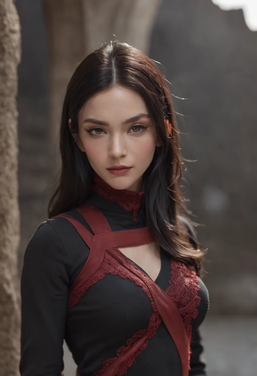 emilisia gomezi, tall, gorgeous, spanish descent, age 23, smooth skin, black hair. red color turtle neck, black fitting pants, simple silver cross necklace, working at the underground base, highly detailed, well lit, 8k, reviewing artifacts, holding a long whip. amazing detail, ray tracing, v-ray