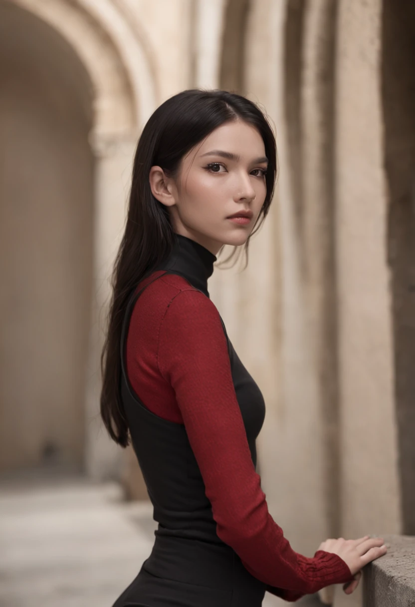 emilisia gomezi, tall, gorgeous, spanish descent, age 23, smooth skin, black hair. red color turtle neck, black fitting pants, simple silver cross necklace, working at the underground base, highly detailed, well lit, 8k, reviewing artifacts, holding a long whip. amazing detail, ray tracing, v-ray