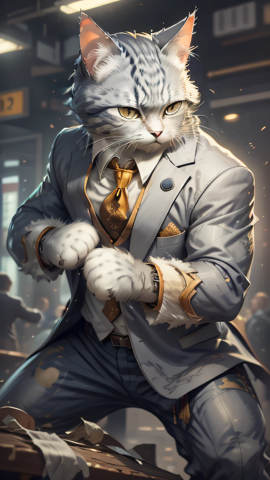 A close up of a cat in a suit and tie on a table - SeaArt AI