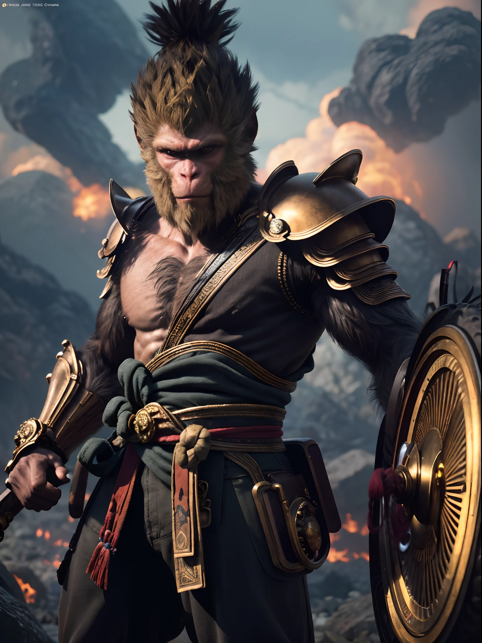 (A high resolution:1.4),offcial art,8k,Anthropomorphic male monkey man with golden hoop rod in his hand,Wukong(black myth), 独奏, malefocus, A detailed eye, Shadowed face,Domineering armor,Flame clouds,The fire eye is bright and brave,Epic scenes,A high resolution,(tmasterpiece),best qualtiy,super detailing,