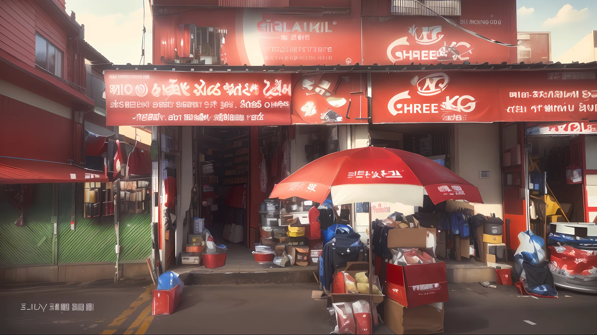 realistic pic, 8k, vibrant, there is a store with a red and white umbrella in front of it, photo taken from far, store, shop front, photo for a store, full - view, photo taken from far away, convenience store, hardware shop
