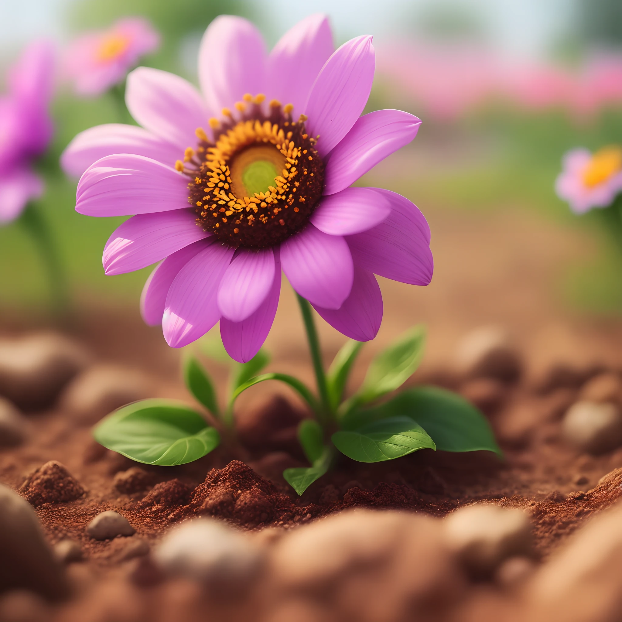 Close-up of a flower growing out of the dirt in the garden，Flowers are blooming，Background bokeh，depth of fields，Halo，autumnal,trpical garden,florals,flower  field,ue6,pink there,A plant,Sunnyday,Bokeh,bblurry,Up