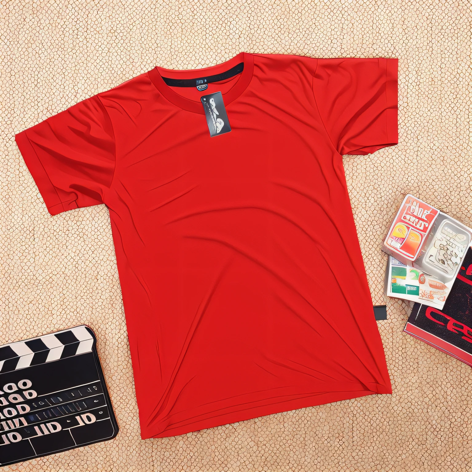 a close up of a red shirt and a movie clap, red t-shirt, neat clothes, light red shirt, official product image, short sleeves, red, only red colour, tshirt, product photo, coral red, red color, bright red, color red, flat lay, t-shirt, t - shirt, single color, red sport clothing, red colored, hero shot