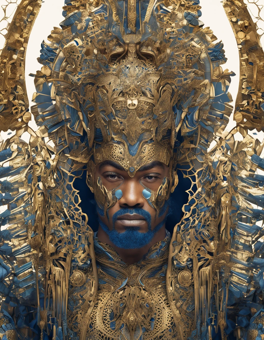 Um homem barbado com cabelos longos, trajando uma imponente armadura completa de placas de metal azul e dourada, exuding a divine and majestic presence