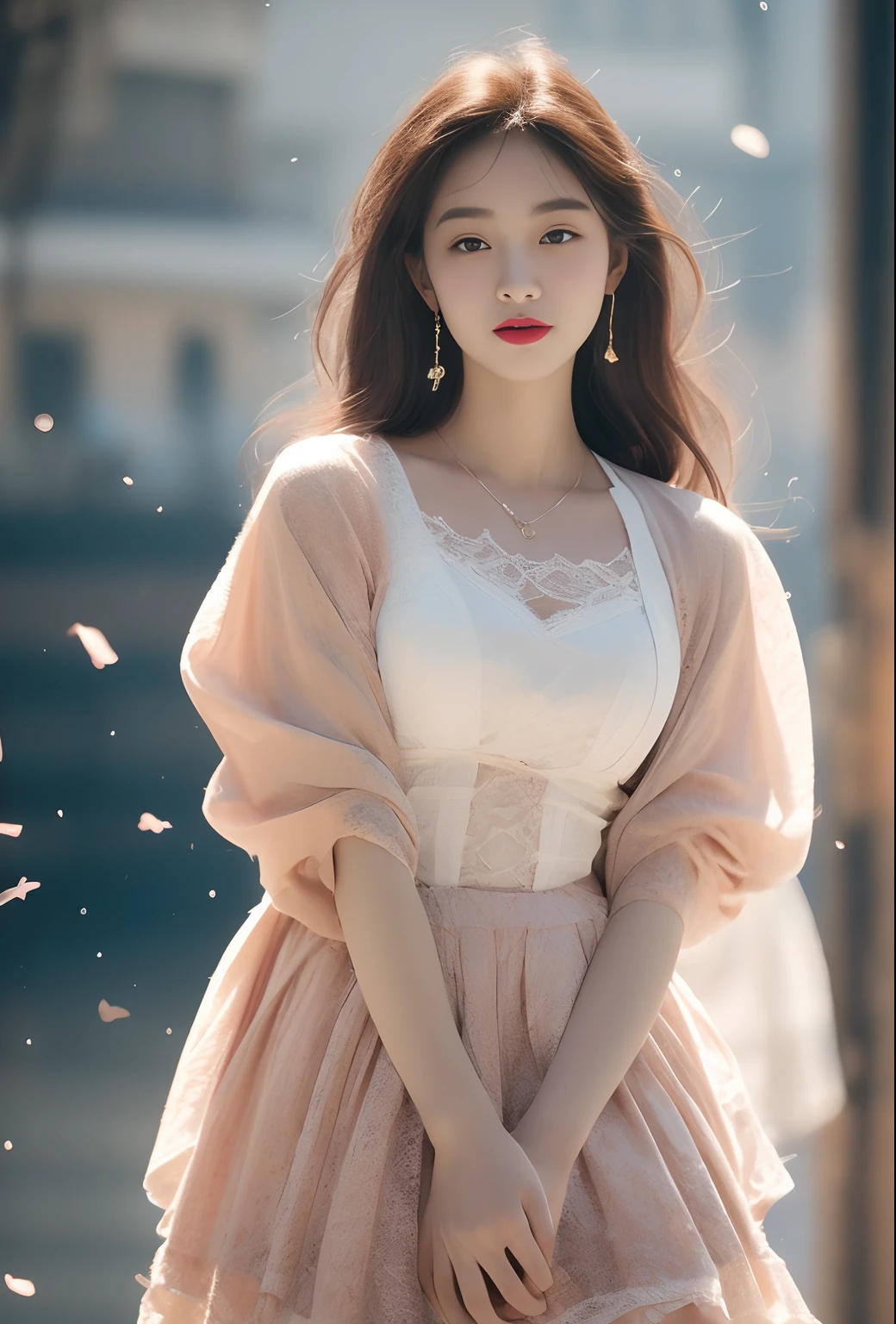 ((of the highest quality, 8K, realisticlying: 1.3)),1girll， Focus: 1.2, Perfect body: 1.4, buttocks: 1.2, (Layered Hair Style, tits out: 1.2)),Slender thighs，Lace (Lolita costume 1.1), (Shawl: 1.3), Superskirt: 1.1, Highly detailed face and skin texture, largeeyes, Double eyelids, Whitening skin, the cherry trees，ssmile，Detailed details，The highest photographic texture，(Stand head to knee:1.5)，Perfect textile texture，Cinematic lighting，Dynamic posture，Look at the audience，
