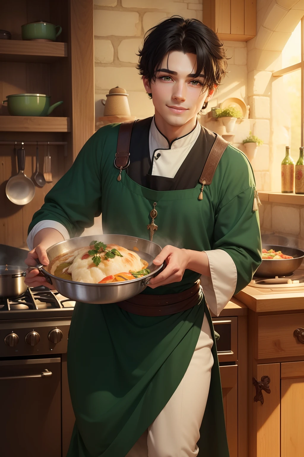 (1male, short black hair, green eyes, gentle face and smile, rosy cheeks, pretty face), ((cooking)), (fantasy, medieval), ((detailed face, full body))