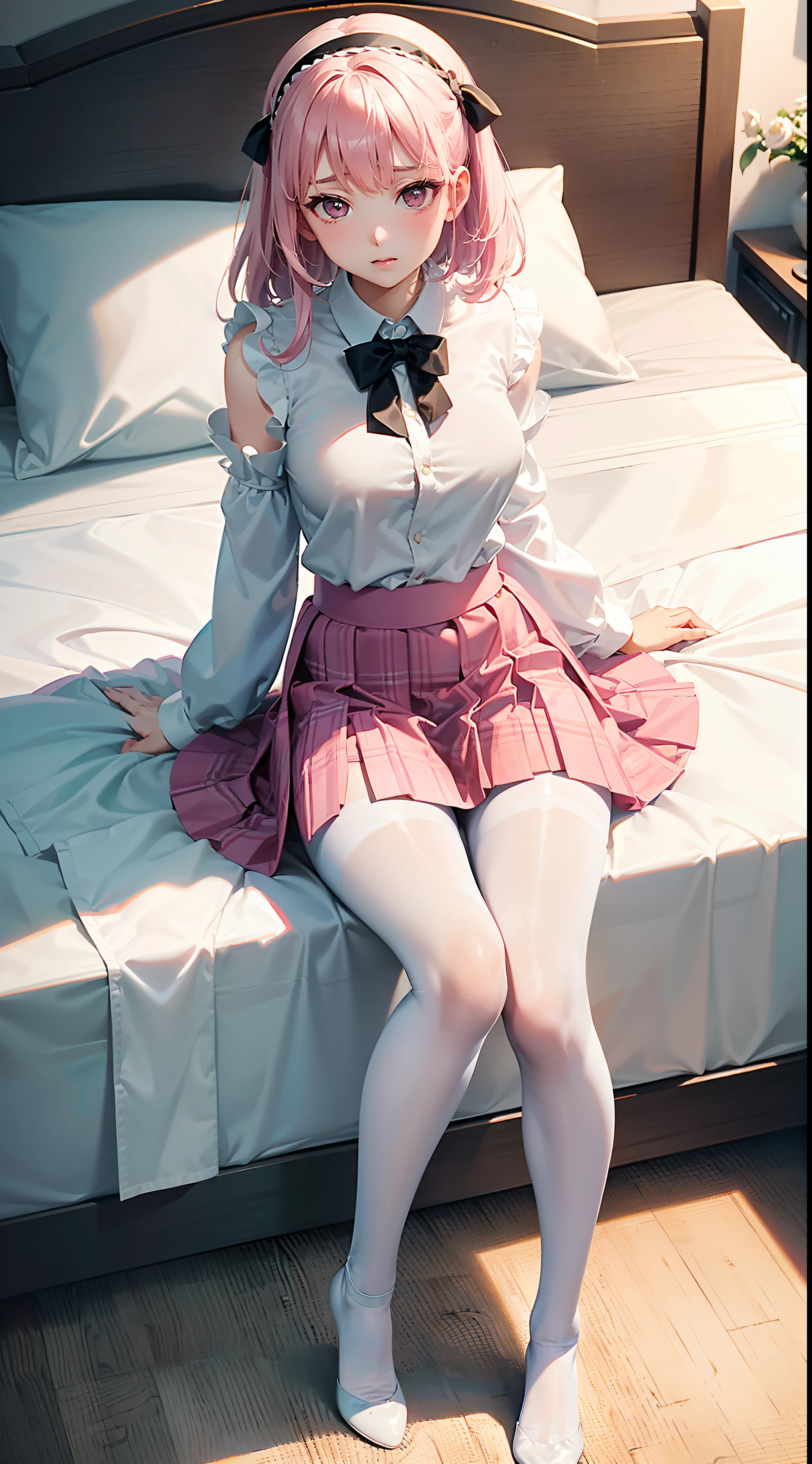 White Hair Girl、Pink Eyes、Short Hair、Only one girl、Night、In the bedroom、Blushing、laughing、Excited、Just One