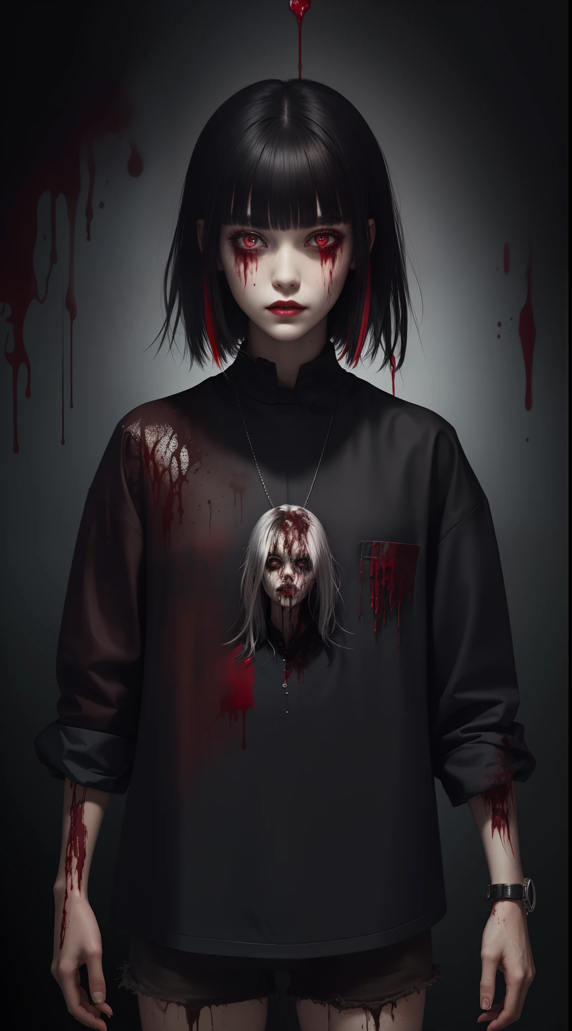 (masterpiece, best quality:1.2), cover image, splashed color background, highly detailed, colorful black, 1 girl, long silver hair, red eyes, short hair, blunt bangs, mannequin, cool face, ((( brown cutted clothes))), illustration, horror art, dread, creepy, blood, blood eyes, gore,