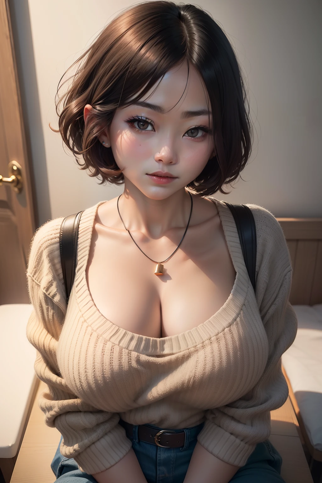 (Best Quality,8K、Photorealsitic,超A high resolution:1.2),(Beautiful face、Cute  s),(big sagging breasts:1.5, wide nipple, huge nipple),(Sweaters),(Voluptuous)、(nip slip), small waist, skinny, bob cuts、livingroom