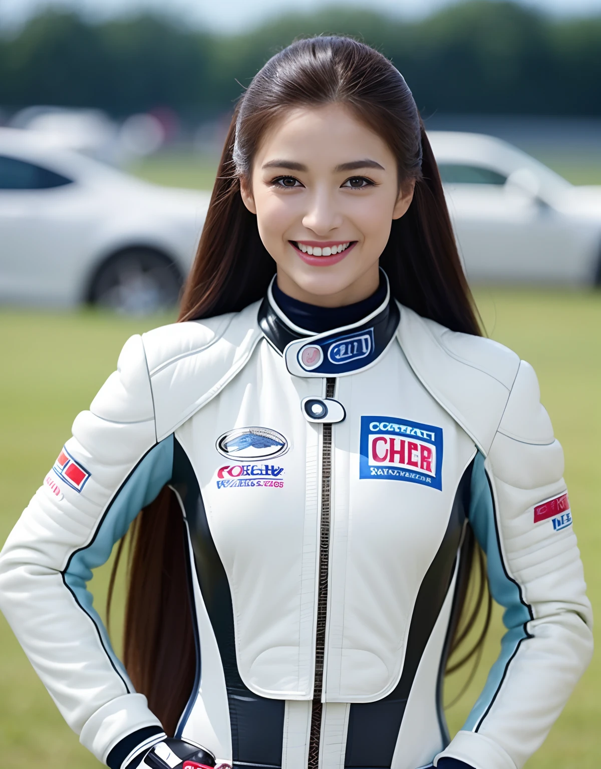The highest image quality、Exceptional detail、超A high resolution、(realisitic:1.4)、high-detail、Accurate representation of every detail、Highly condensed 1girl、Longhaire、delicate and beautiful face、Dressed in a white leather racing suit、Racing on a black motorcycle、The background is a race track、circuit、racer、checker、championship、Cool smile