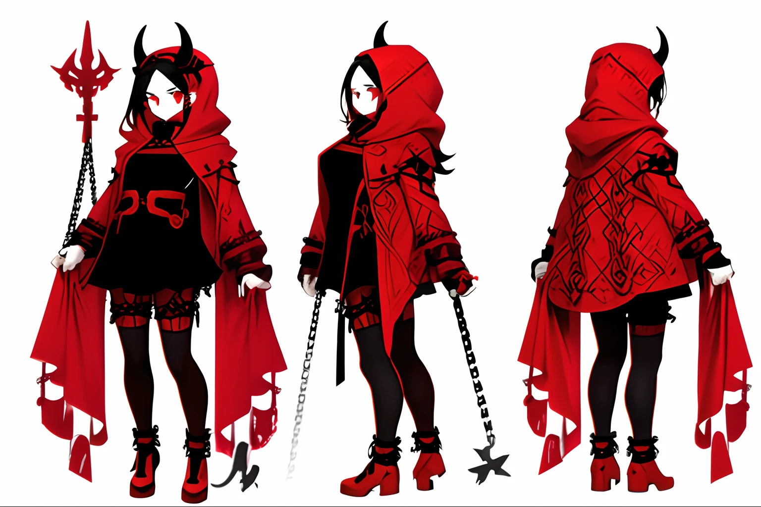 A female demon，Rope and chain in hand, white backgrounid，Red all over，Black-white-red design, August limbs, offcial art, concept-art, Design drawings，size，Three-sided setting drawing of characters，