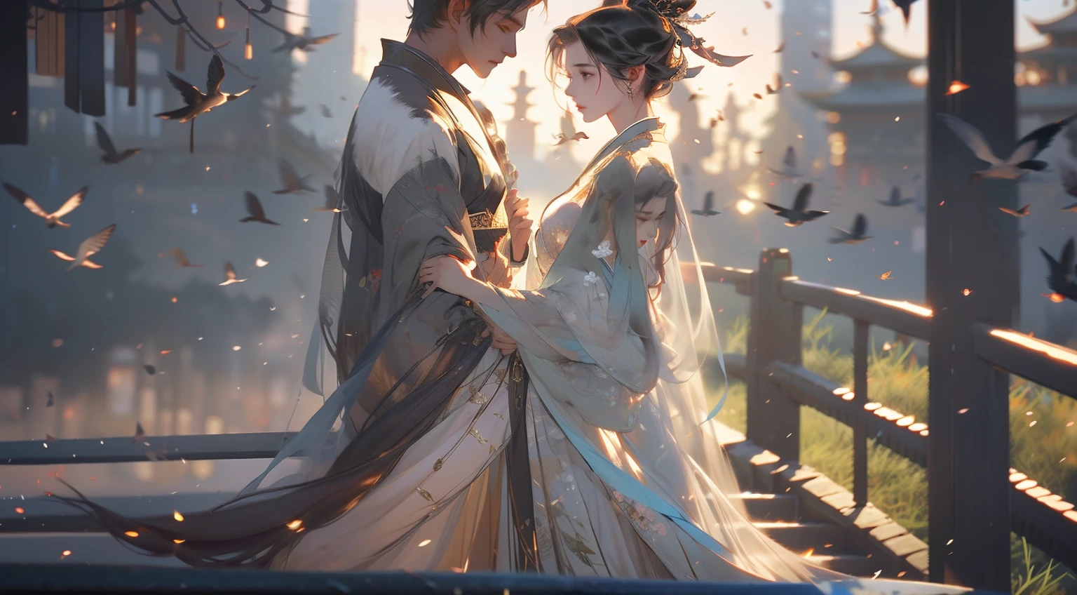 A handsome Chinese boy and girl、（full bodyesbian）、Look at each other，Gentle eyes，（（Clear facial features）），wearing a hanfu，standing on a bridge，The body is surrounded by white mist，There are magpies flying around，A cow looks up from a distance，Runes surround you，Holographic reality，holographic halo，Blurred background motion，Game lighting effects，rim-light，Soft light，cinematic rim light，The light is delicate