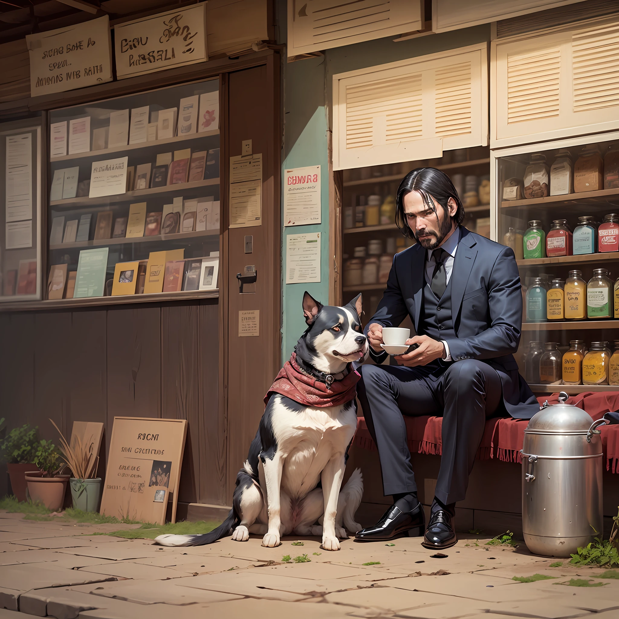 Keanu reaves as John wick drinking tea from a Indian tea shop located In Kerala state. 

His guns are placed on a table near him.. 

The shop owner looks him with a fear.. 

His dog lies down near his foot. 

Keanu Reaves has a wound on his face and some dirt on his coat. 

two local Kerala people are also there for having tea... 

The tea shop locates on a village background. --auto --s2