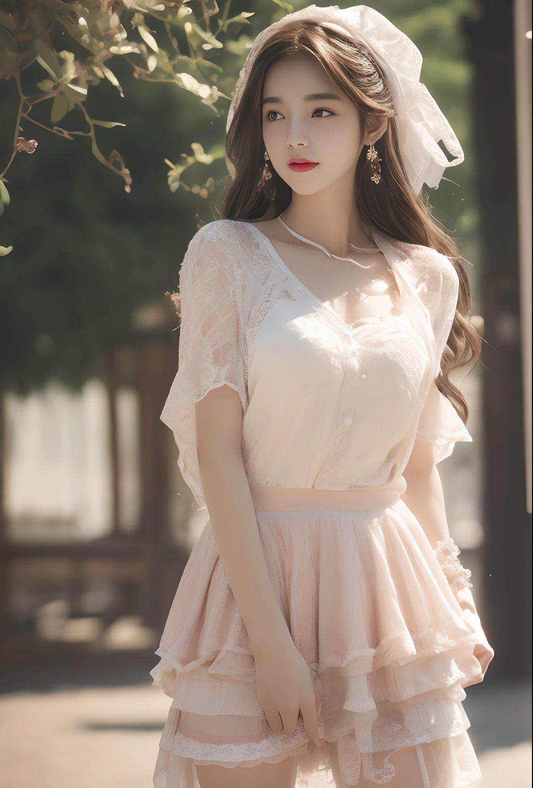 ((of the highest quality, 8K, masutepiece: 1.3)),1girll， Focus: 1.2, Perfect body: 1.4, buttocks: 1.2, (Layered Hair Style, tits out: 1.2)),Slender thighs，Lace (Lolita costume 1.1), (Shawl: 1.3), Superskirt: 1.1, Highly detailed face and skin texture, largeeyes, Double eyelids, Whitening skin, the cherry trees，ssmile，Detailed details，The highest photographic texture，(Stand head to knee:1.5)，Perfect textile texture，Cinematic lighting，Dynamic posture，Look at the audience，