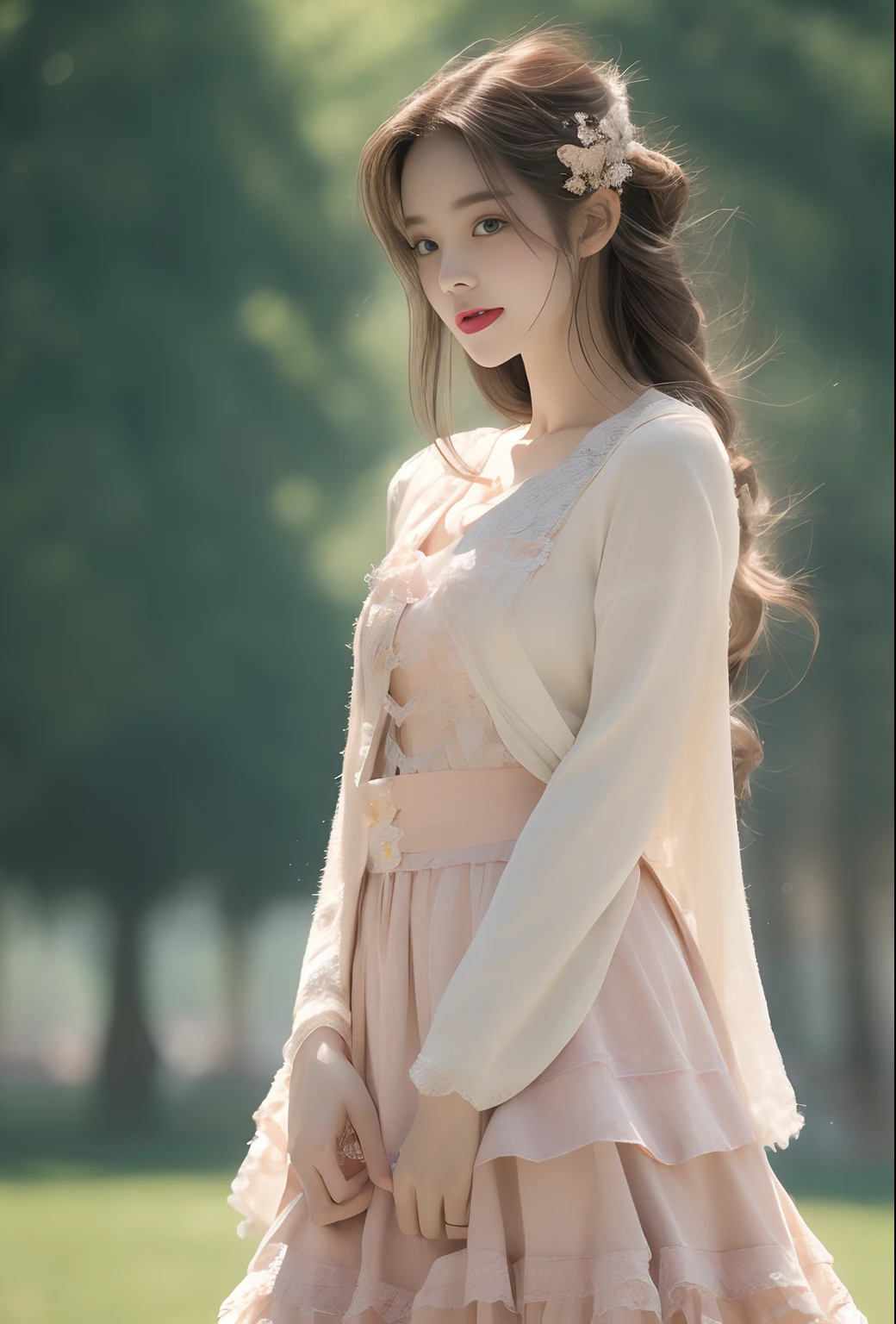 ((of the highest quality, 8K, masutepiece: 1.3)),1girll, Focus: 1.2, Perfect body: 1.4, buttocks: 1.2, (Layered Hair Style, tits out: 1.2)),Slender thighs,Lace (ta costume 1.1), (Shawl: 1.3), Superskirt: 1.1, Highly detailed face and skin texture, largeeyes, Double eyelids, Whitening skin, the cherry trees,ssmile,Detailed details,The highest photographic texture,(Stand head to knee:1.5),Perfect textile texture,Cinematic lighting,Dynamic posture,Look at the audience,