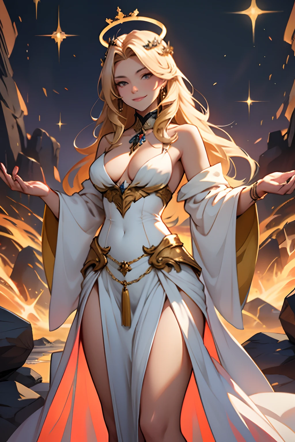 empress of Saturn, full body image, halo crown like an angel, tall thin regal blond, looking down on all, arrogant, thrown made of rocks, white silky skin, golden gown, cleavage, Anime girl in a nice sexy bare shoulders, elegant, regal, small tits, thin frame, large hips, long blond hair, means business, wry smile, balance of law, adorned with diamonds on neck wrist and waste
