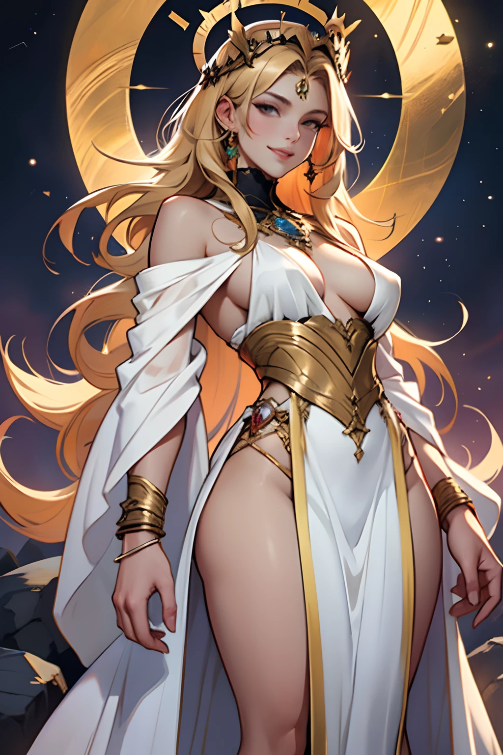 empress of  Saturn, full body image, halo crown like an angel, tall thin regal blond, looking down on all, arrogant, thrown made of rocks, white silky skin, golden gown, cleavage,  Anime girl in a nice sexy bare shoulders, elegant, regal, small tits, thin frame, large hips, long blond hair, means business, wry smile, balance of law, adorned with diamonds on neck wrist and waste