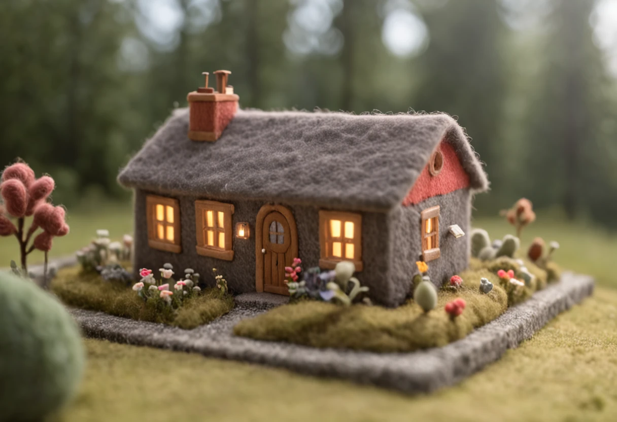 cute world of wool felt, wool knitted fabric, cartoon, some small houses, farms, barracks, warehouses, flower houses, super cute, superb lighting, volumetrics, by Jon Klassen, Ghibli Studio style, Tilt - shift, 80mm lens, Large aperture, 3d, blender, masterpiece, super detail, best quality